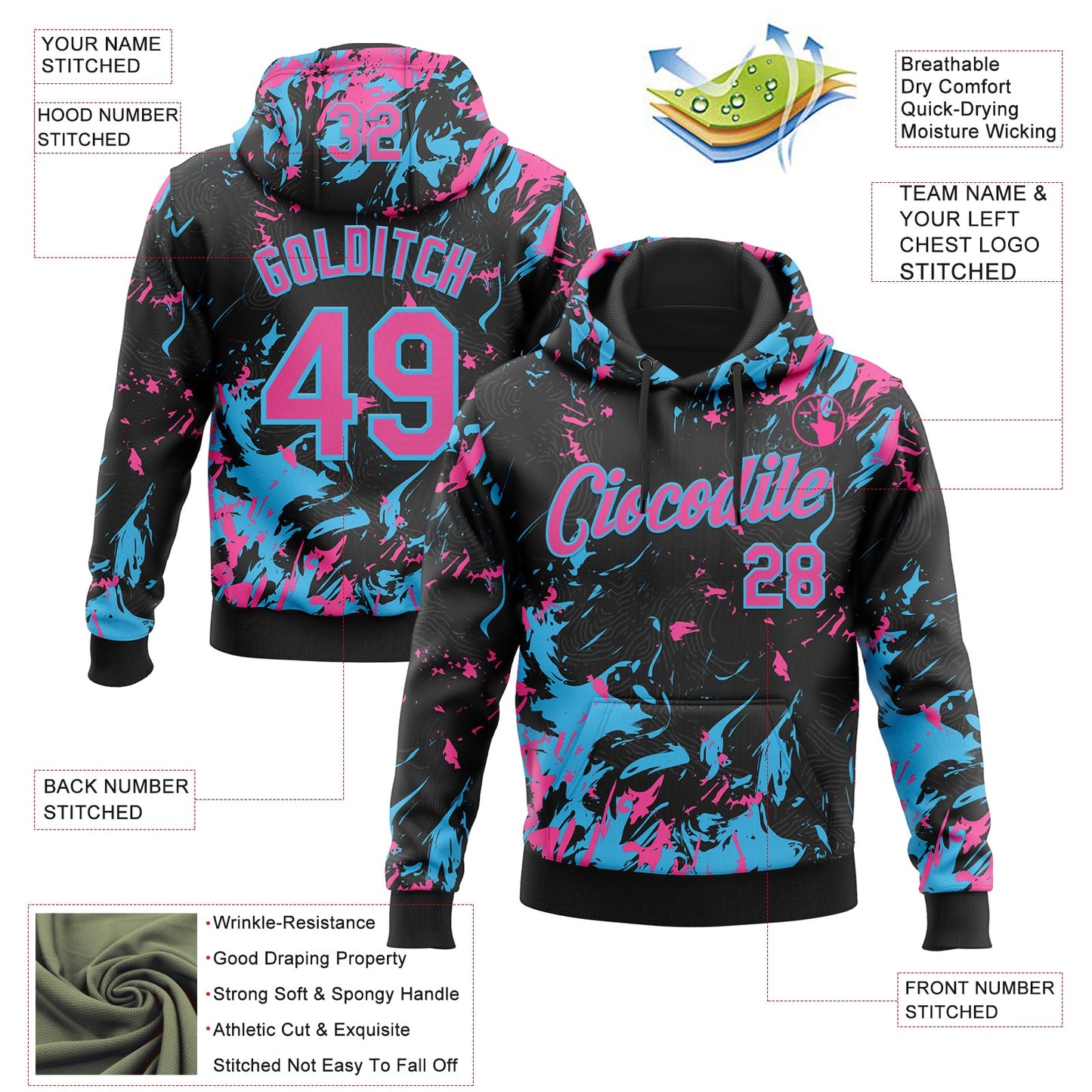 Custom Stitched Black Pink-Sky Blue Splash Sports Pullover Sweatshirt Hoodie view 4
