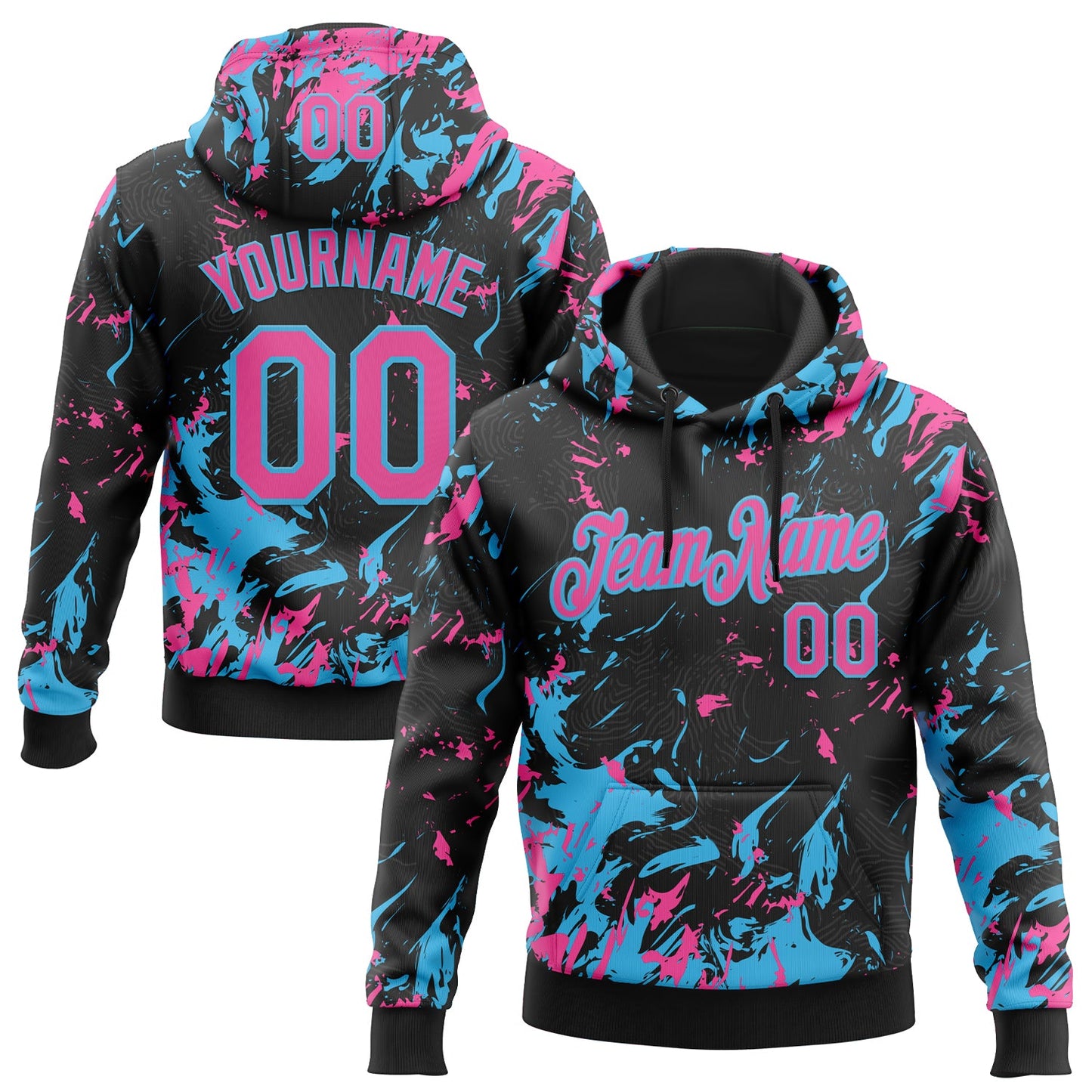 Custom Stitched Black Pink-Sky Blue Splash Sports Pullover Sweatshirt Hoodie - Main View