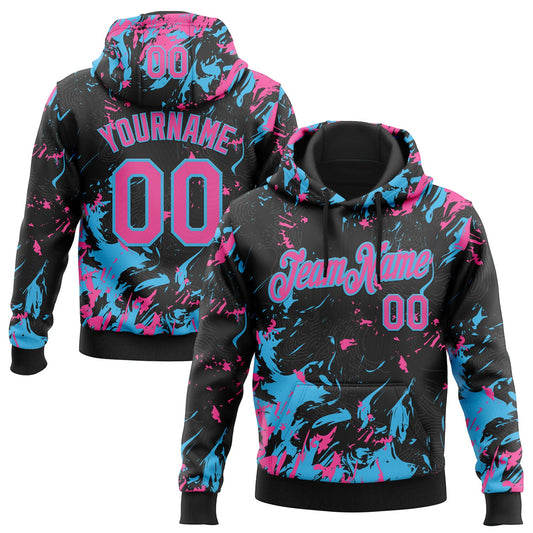 Custom Stitched Black Pink-Sky Blue Splash Sports Pullover Sweatshirt Hoodie - Main View