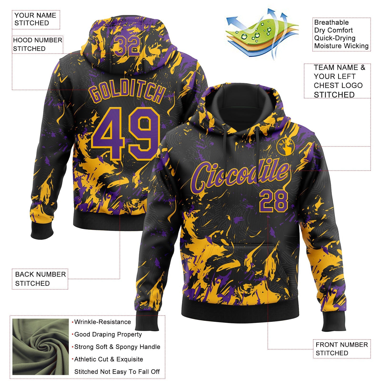 Custom Stitched Black Purple-Gold Splash Sports Pullover Sweatshirt Hoodie view 4