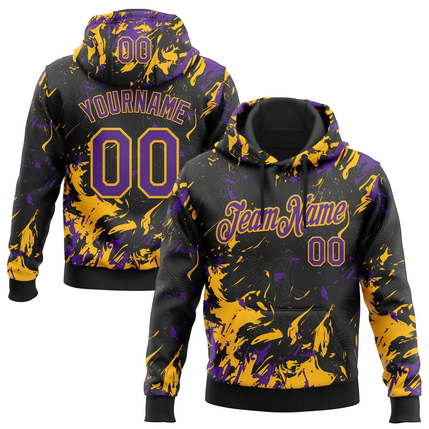 Custom Stitched Black Purple-Gold Splash Sports Pullover Sweatshirt Hoodie - Main View