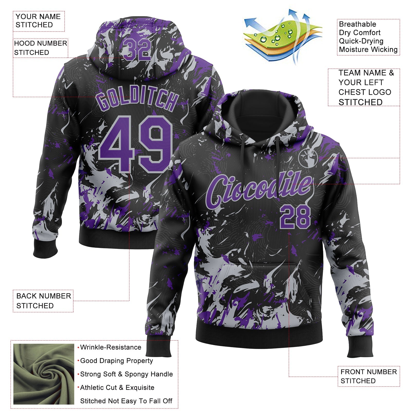 Custom Stitched Black Purple-Gray Splash Sports Pullover Sweatshirt Hoodie view 4