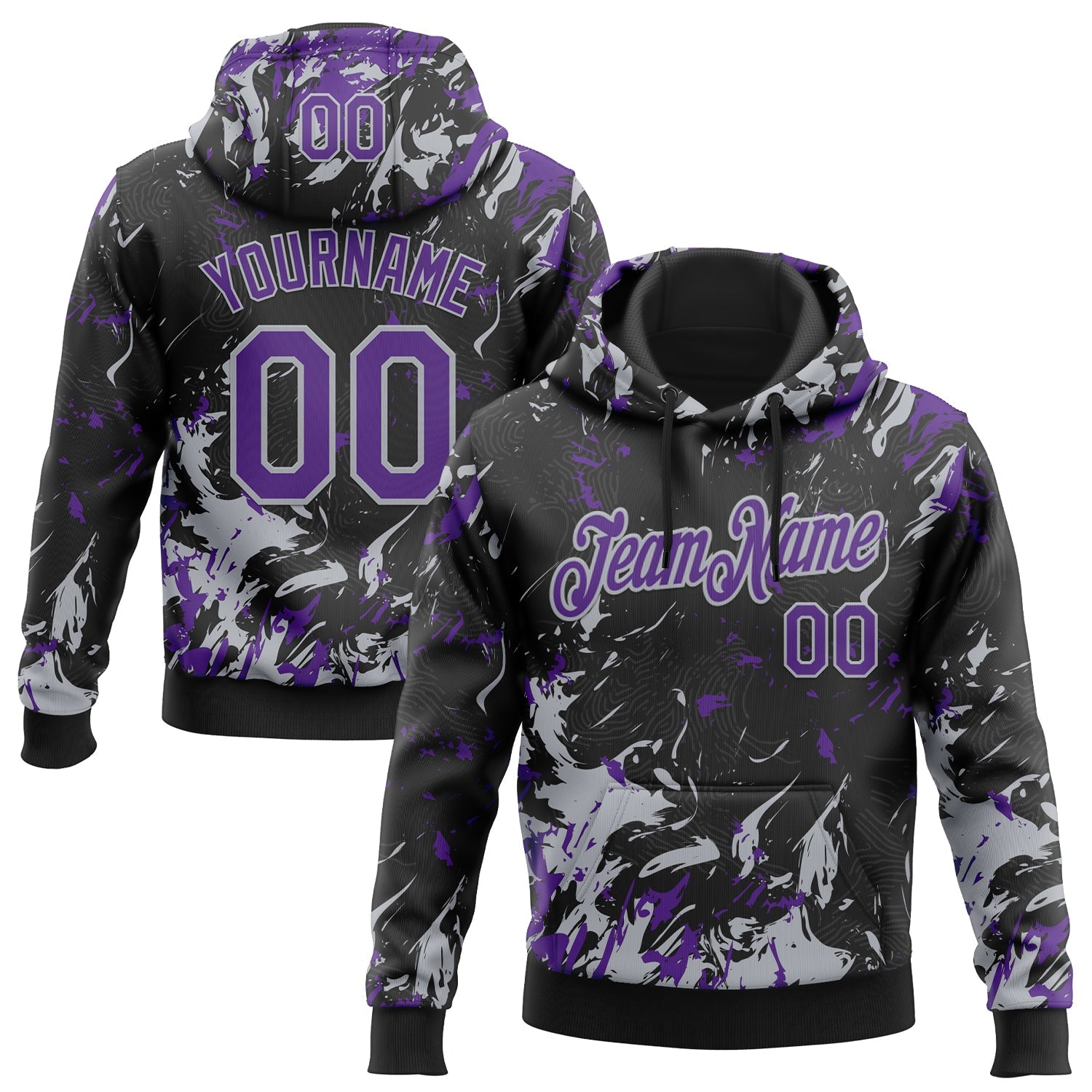 Custom Stitched Black Purple-Gray Splash Sports Pullover Sweatshirt Hoodie - Main View