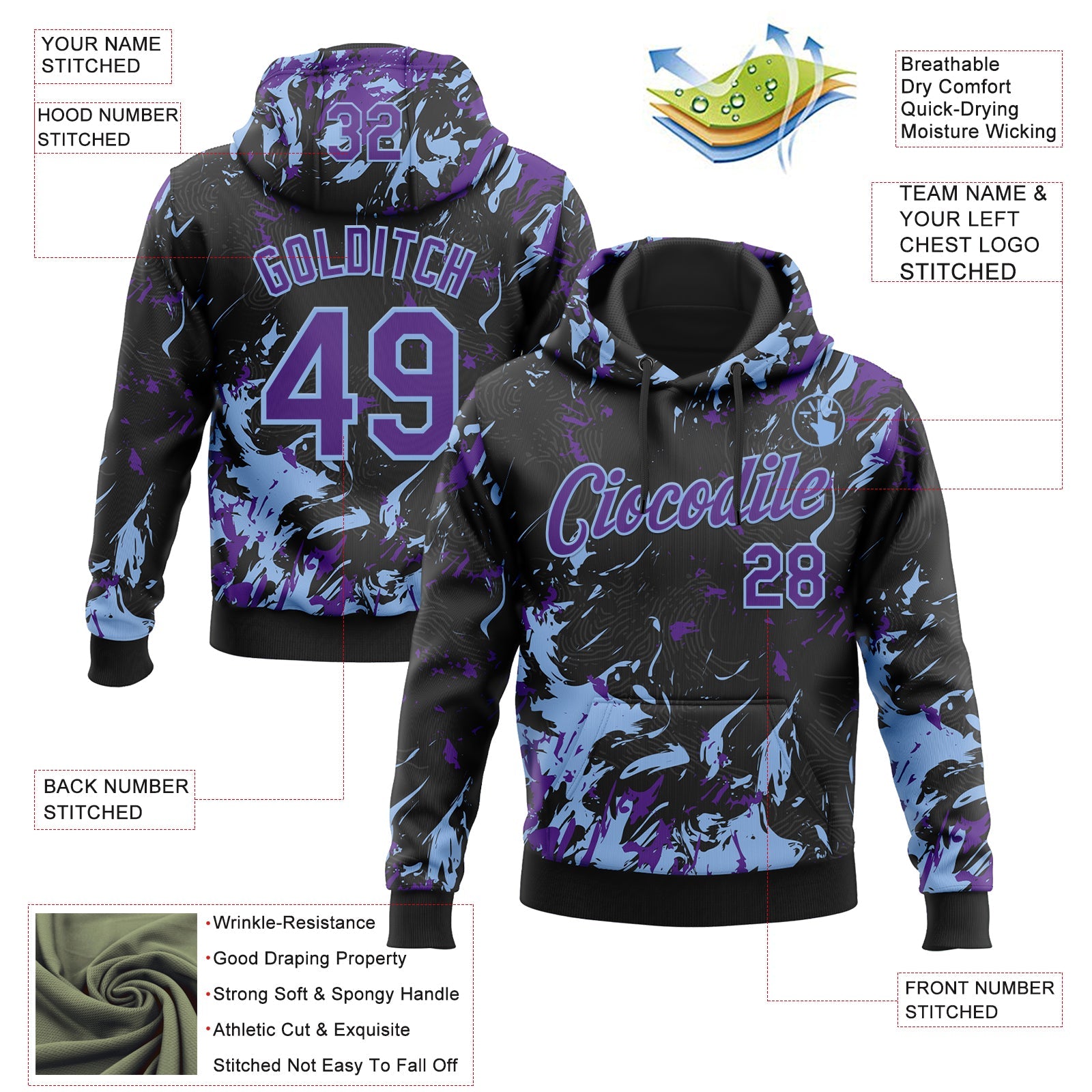 Custom Stitched Black Purple-Light Blue Splash Sports Pullover Sweatshirt Hoodie view 4