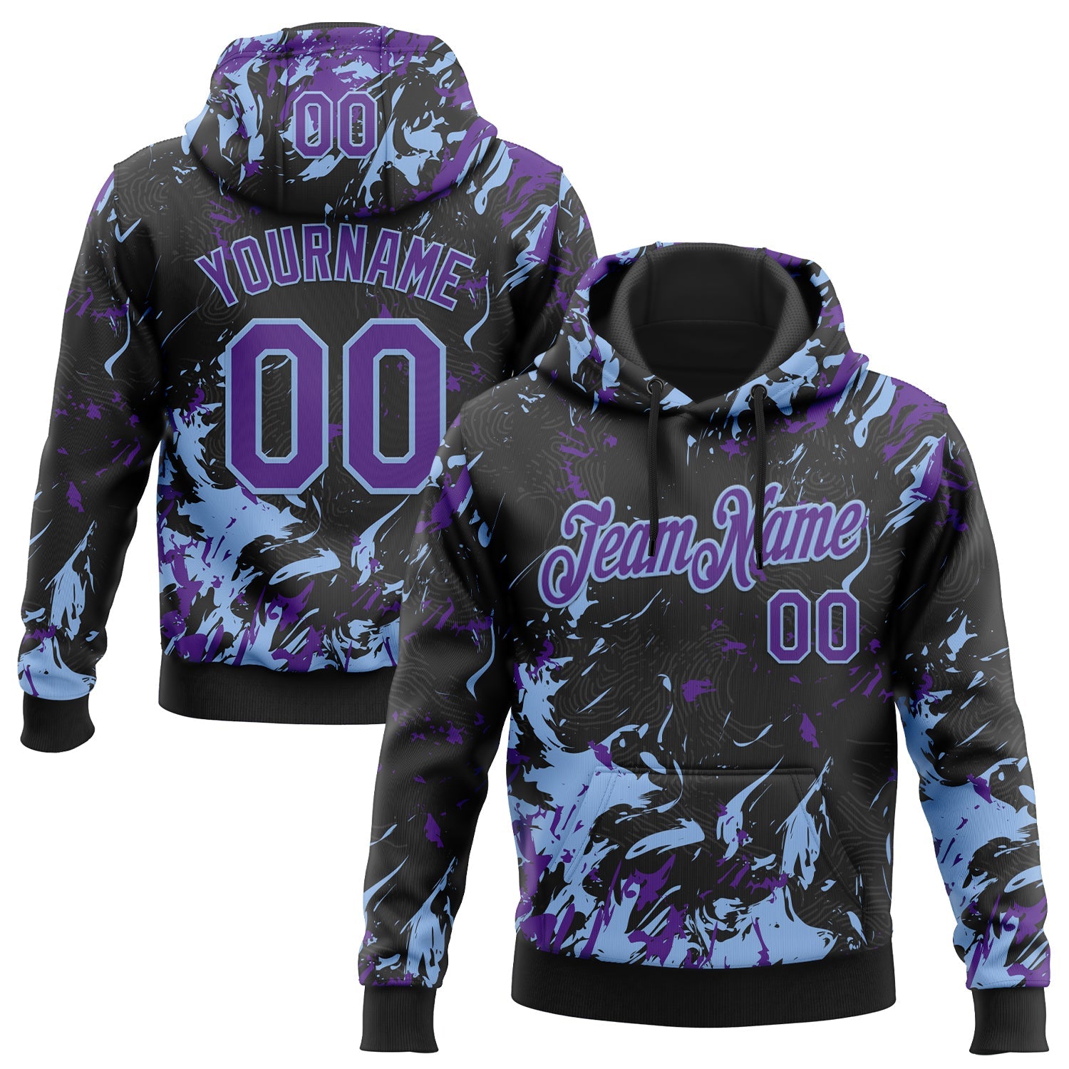 Custom Stitched Black Purple-Light Blue Splash Sports Pullover Sweatshirt Hoodie - Main View