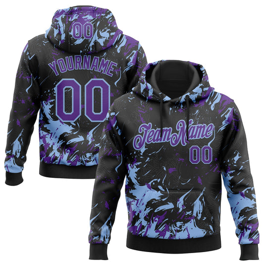 Custom Stitched Black Purple-Light Blue Splash Sports Pullover Sweatshirt Hoodie - Main View