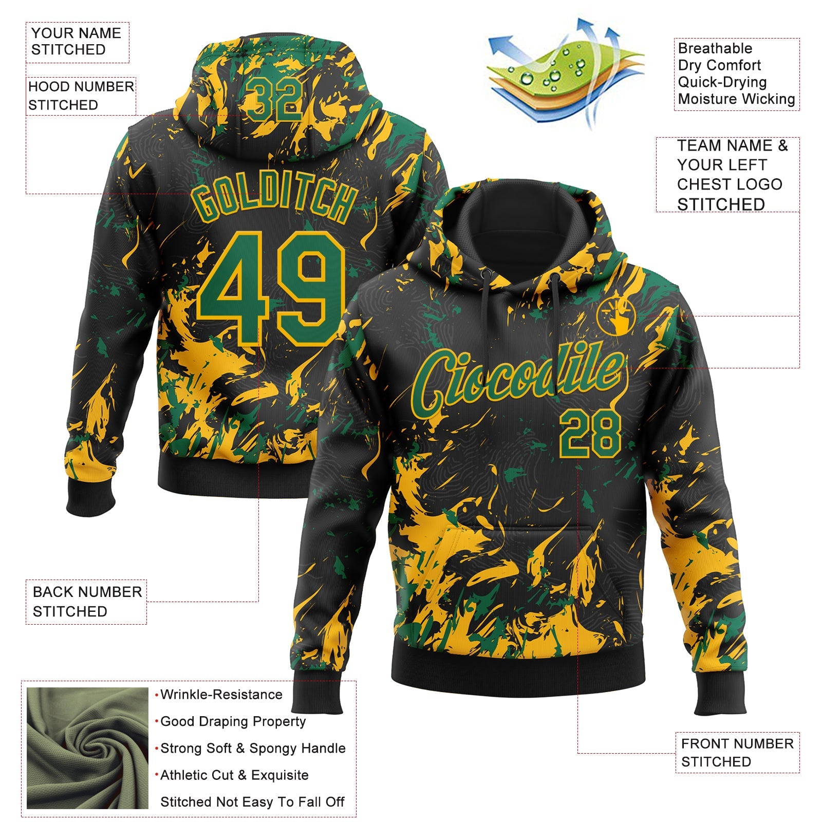 Custom Stitched Black Kelly Green-Gold Splash Sports Pullover Sweatshirt Hoodie view 4