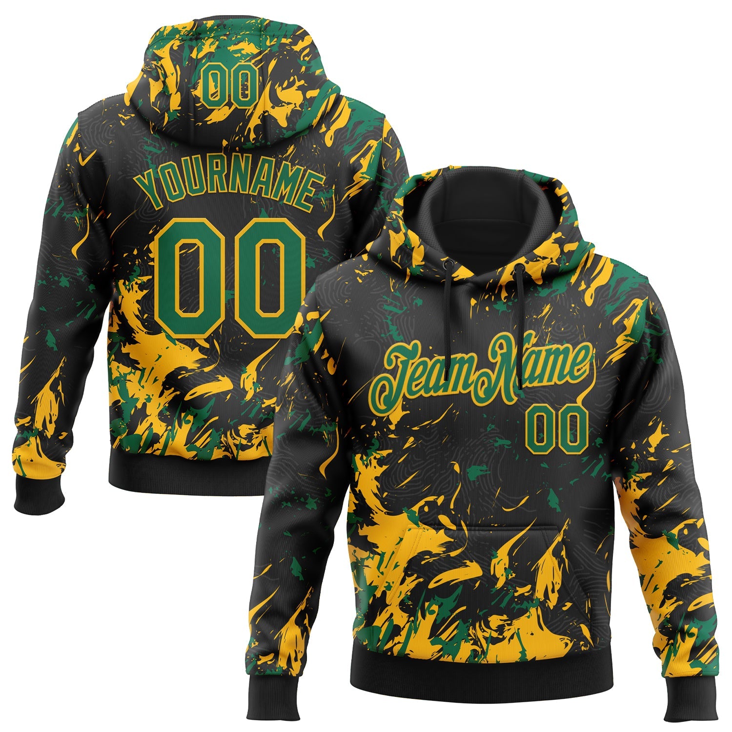 Custom Stitched Black Kelly Green-Gold Splash Sports Pullover Sweatshirt Hoodie - Main View