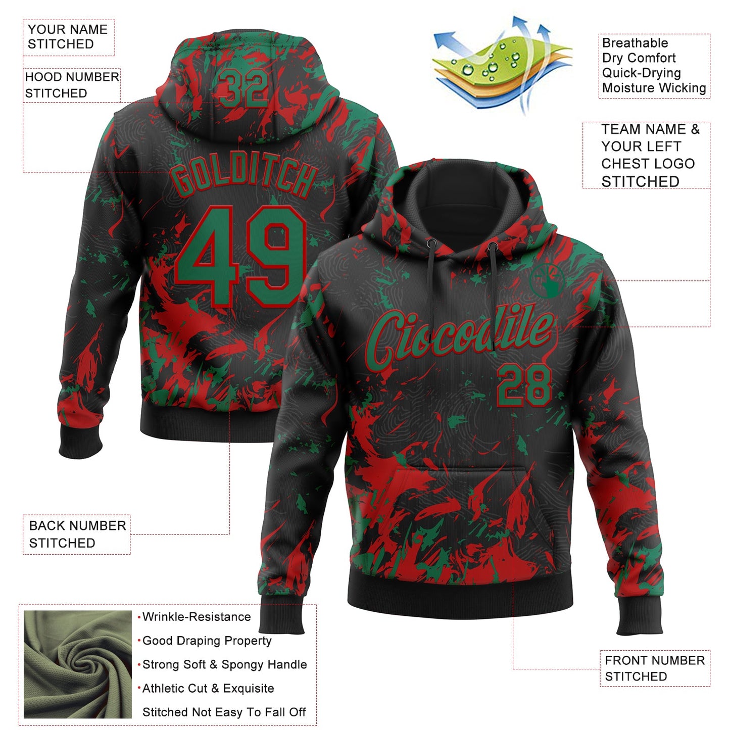 Custom Stitched Black Kelly Green-Red Splash Sports Pullover Sweatshirt Hoodie view 4