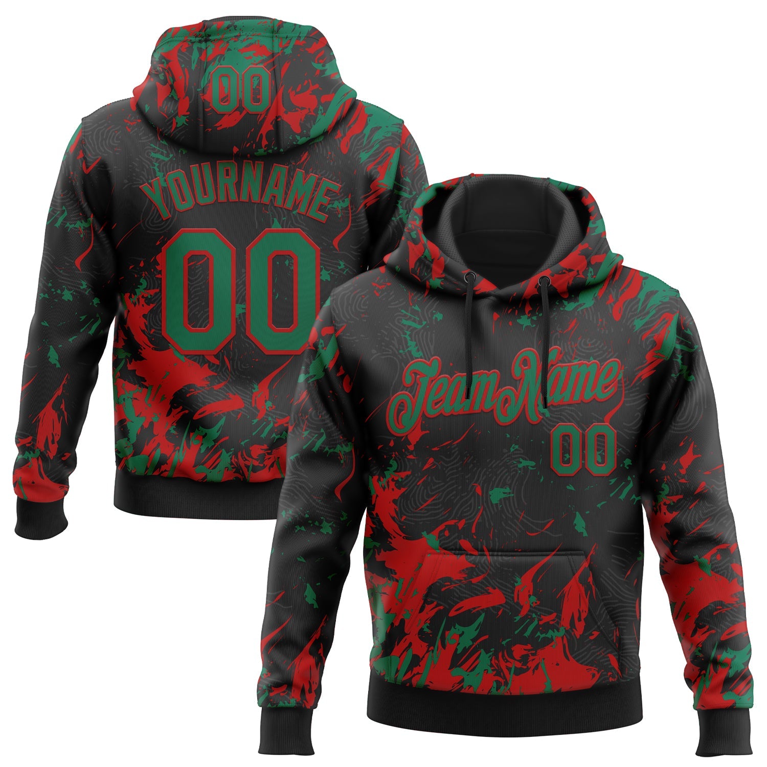 Custom Stitched Black Kelly Green-Red Splash Sports Pullover Sweatshirt Hoodie - Main View