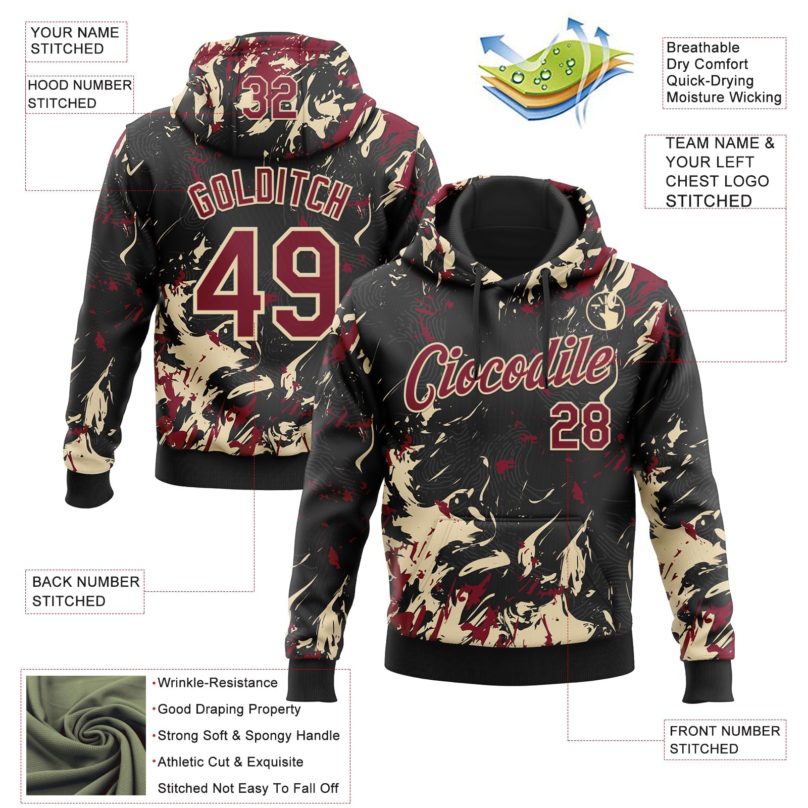 Custom Stitched Black Crimson-Cream Splash Sports Pullover Sweatshirt Hoodie view 4