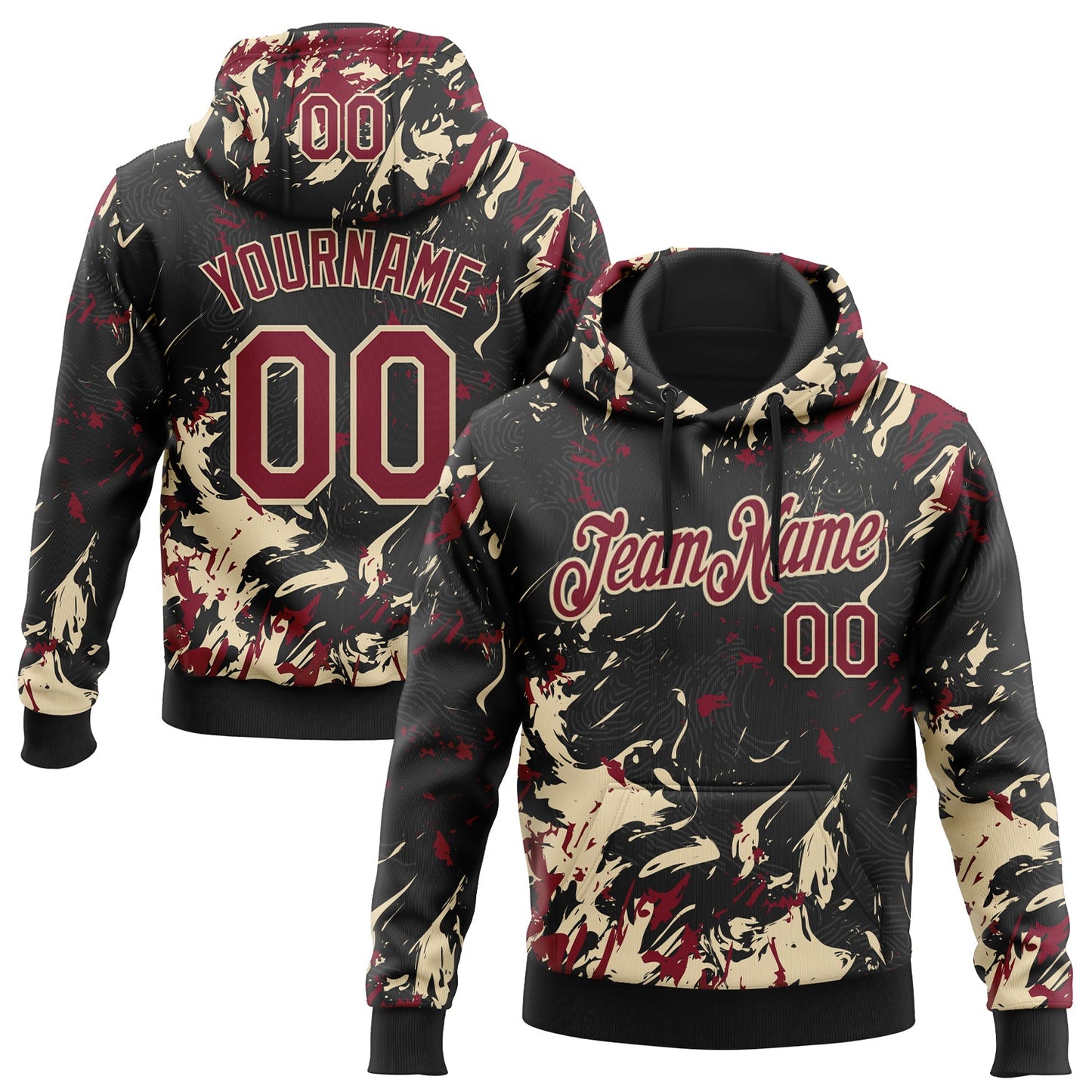 Custom Stitched Black Crimson-Cream Splash Sports Pullover Sweatshirt Hoodie - Main View