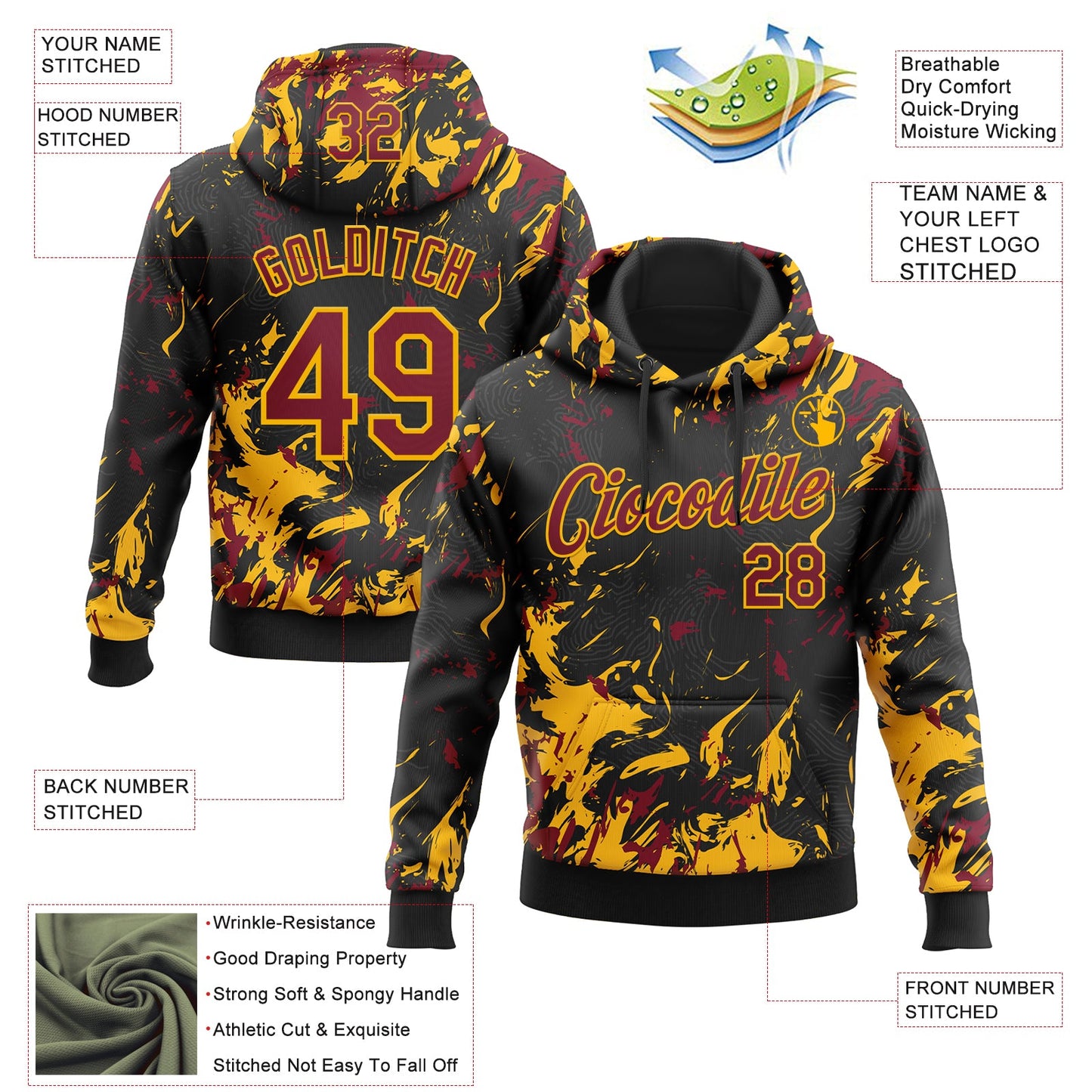 Custom Stitched Black Crimson-Gold Splash Sports Pullover Sweatshirt Hoodie view 4