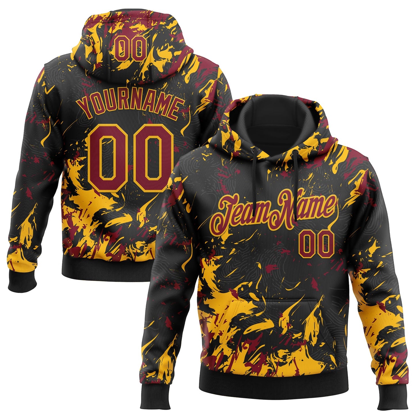Custom Stitched Black Crimson-Gold Splash Sports Pullover Sweatshirt Hoodie - Main View