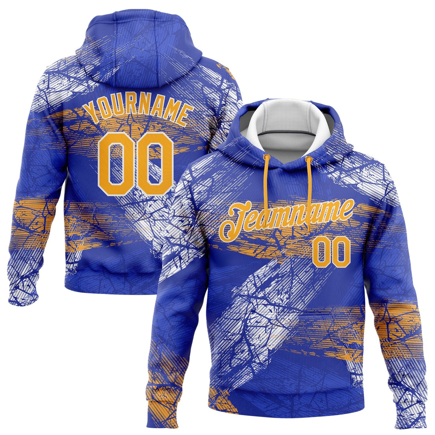 Custom Stitched Royal Gold-White 3D Pattern Design Sports Pullover Sweatshirt Hoodie - Main View