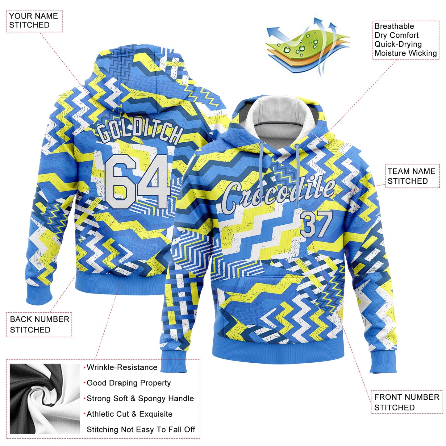 Custom Stitched Light Blue White Gold-Royal 3D Pattern Design Sports Pullover Sweatshirt Hoodie view 2