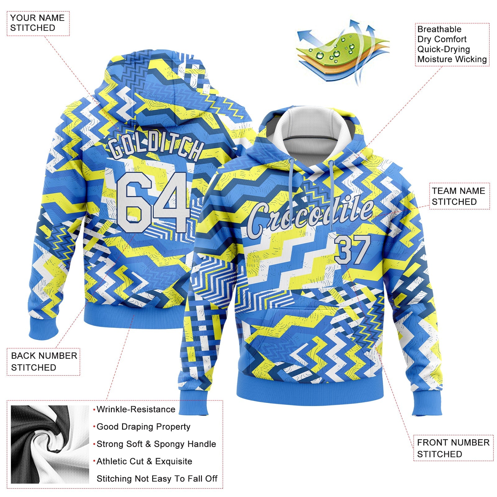 Custom Stitched Light Blue White Gold-Royal 3D Pattern Design Sports Pullover Sweatshirt Hoodie view 2