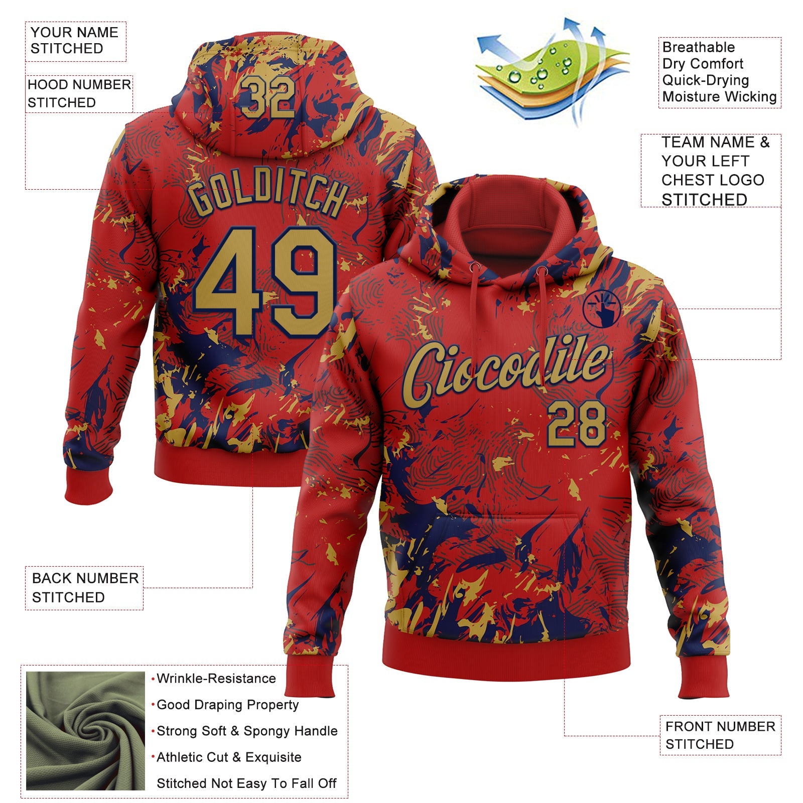 Custom Stitched Red Old Gold-Navy Splash Sports Pullover Sweatshirt Hoodie view 4