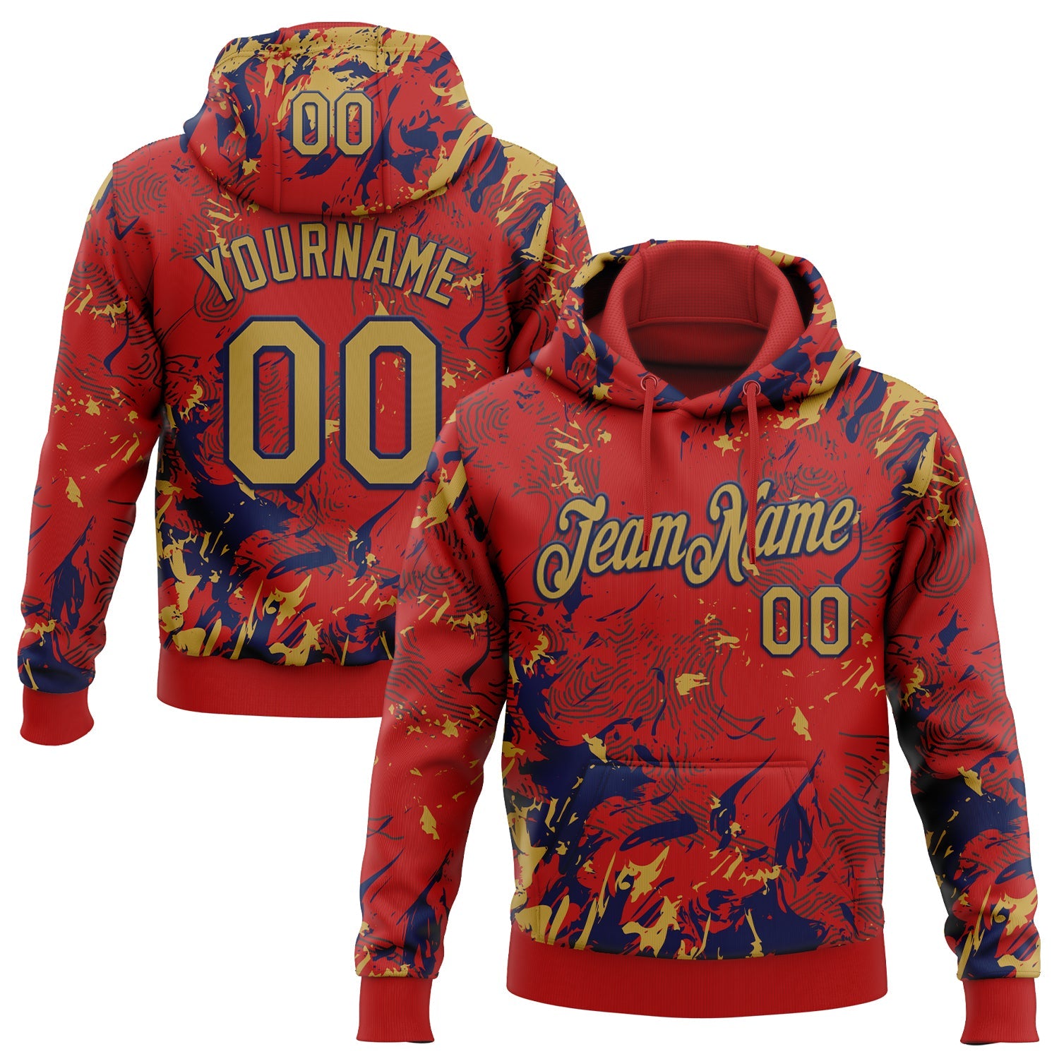 Custom Stitched Red Old Gold-Navy Splash Sports Pullover Sweatshirt Hoodie - Main View