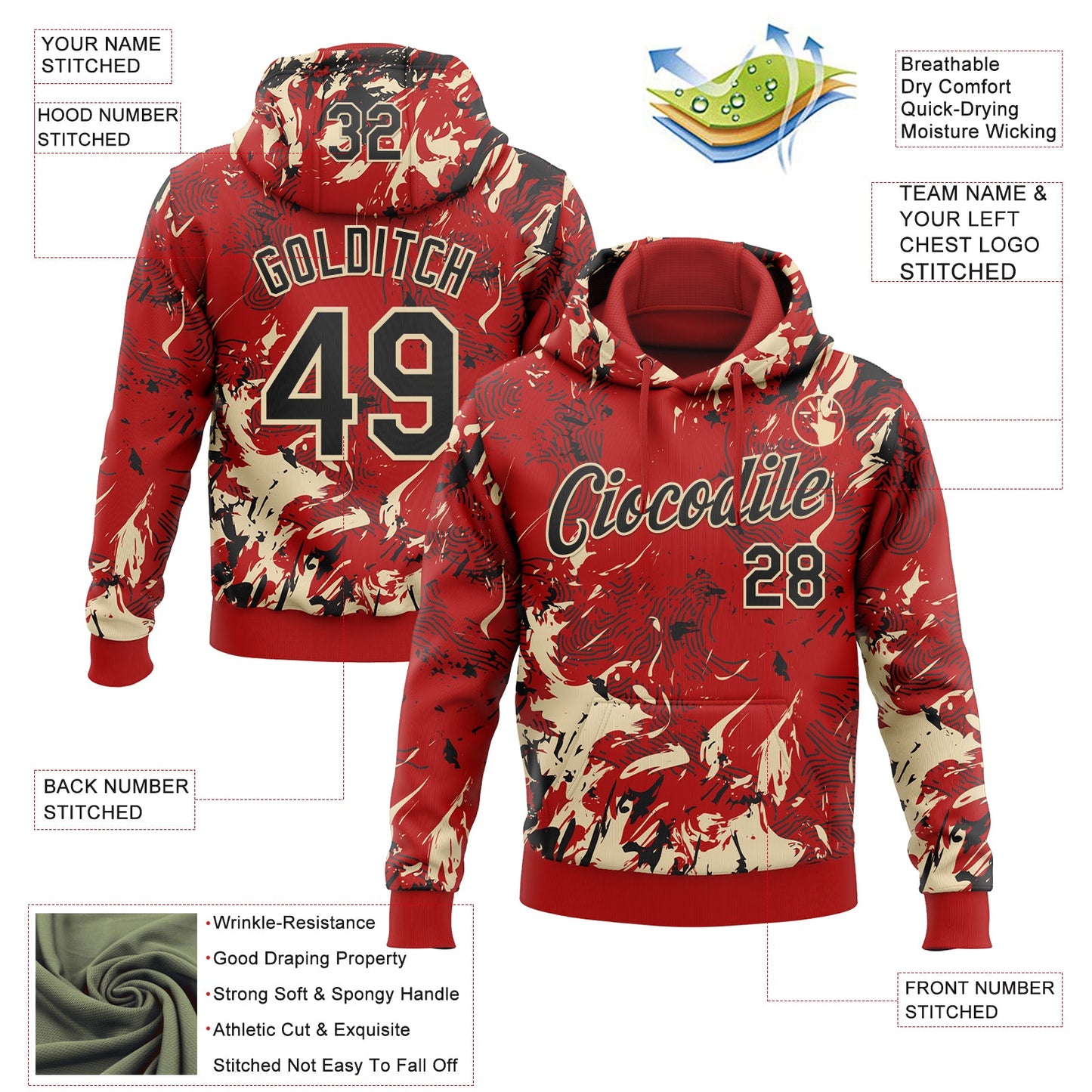 Custom Stitched Red Black-Cream Splash Sports Pullover Sweatshirt Hoodie view 4