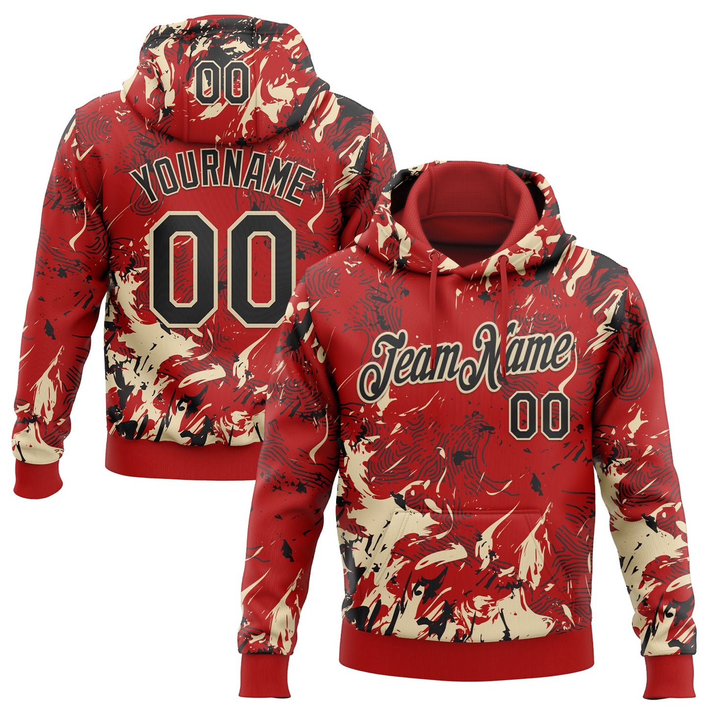 Custom Stitched Red Black-Cream Splash Sports Pullover Sweatshirt Hoodie - Main View