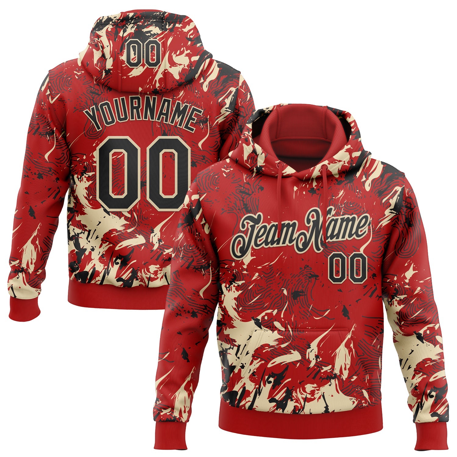Custom Stitched Red Black-Cream Splash Sports Pullover Sweatshirt Hoodie - Main View