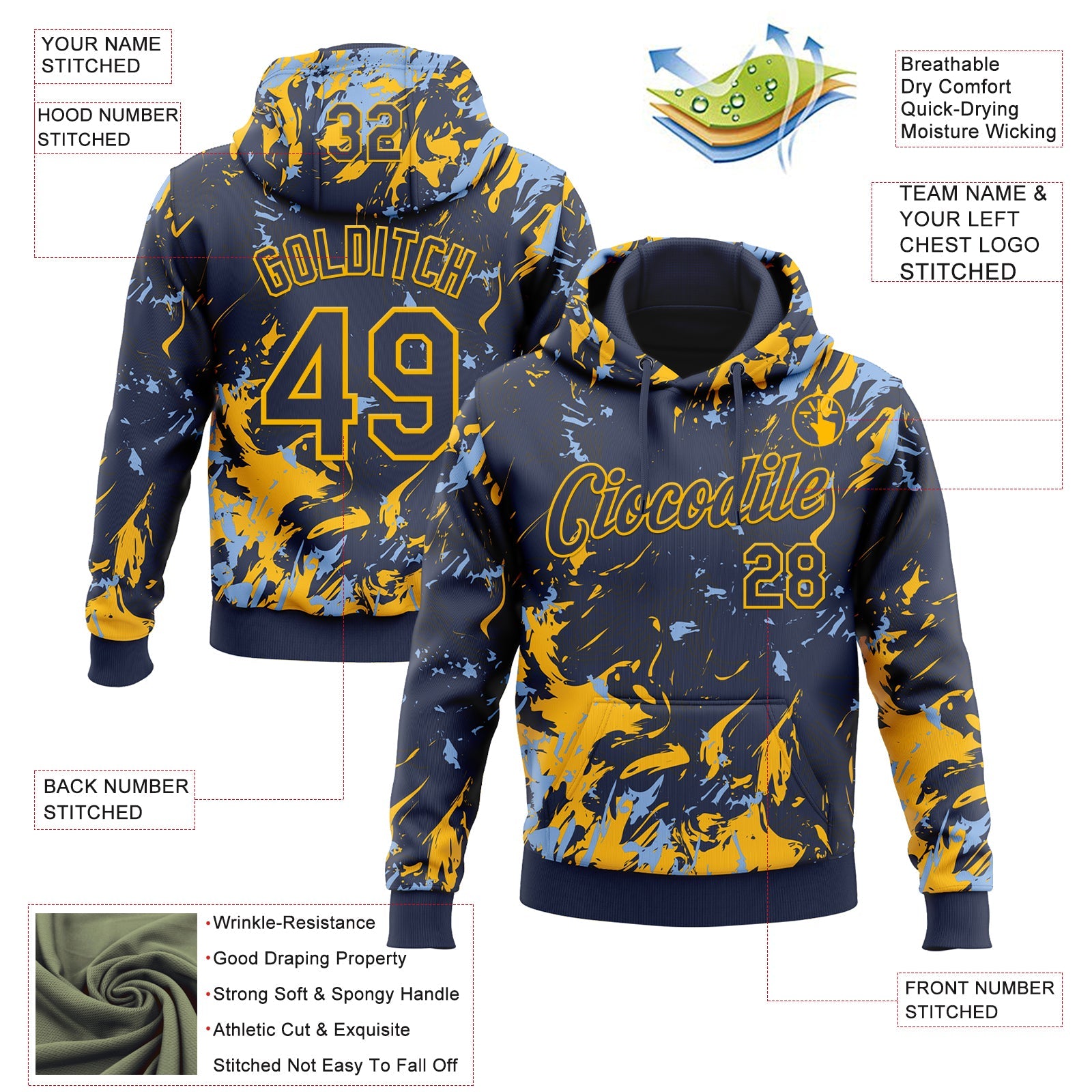 Custom Stitched Navy Gold-Light Blue Splash Sports Pullover Sweatshirt Hoodie view 4