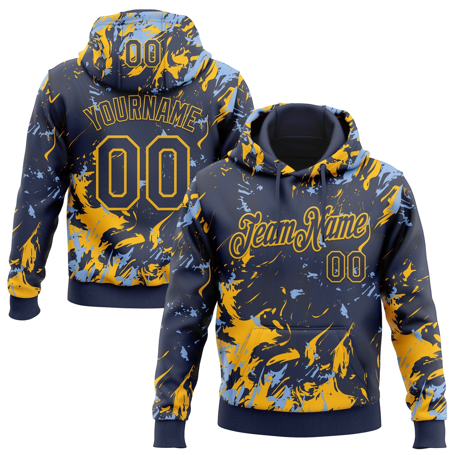 Custom Stitched Navy Gold-Light Blue Splash Sports Pullover Sweatshirt Hoodie - Main View