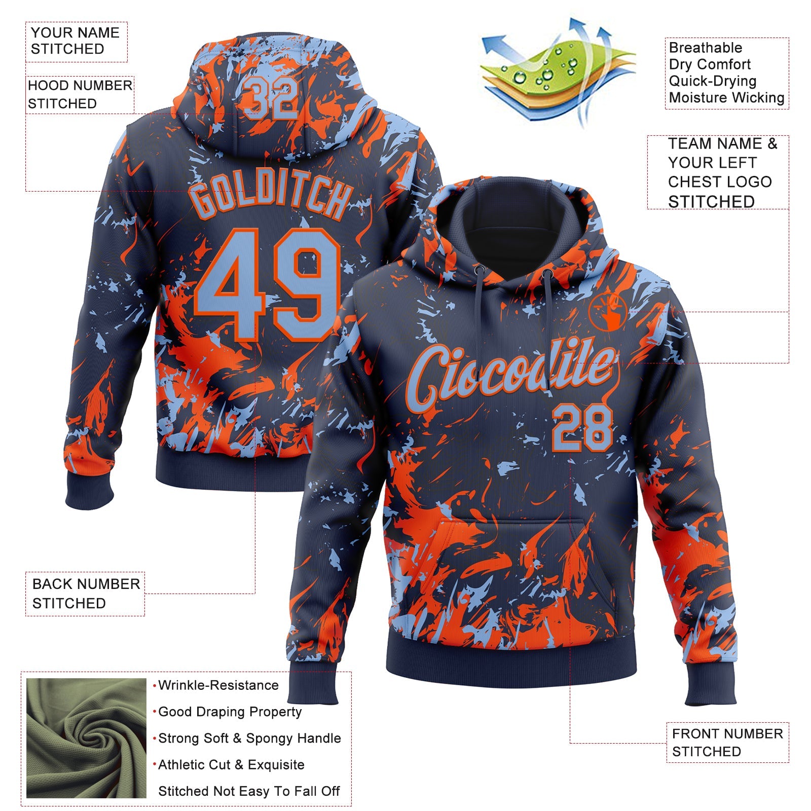 Custom Stitched Navy Light Blue-Orange Splash Sports Pullover Sweatshirt Hoodie view 4