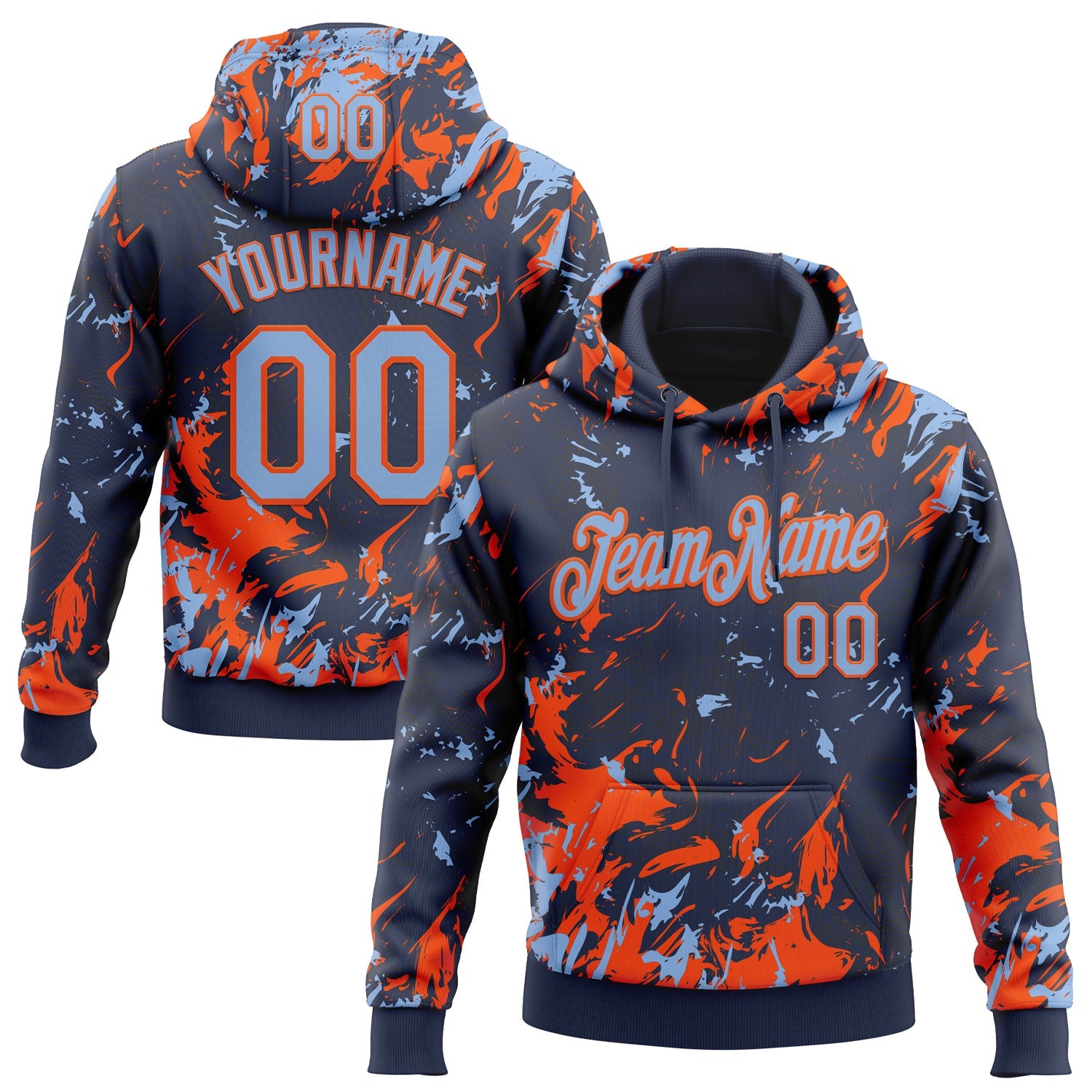 Custom Stitched Navy Light Blue-Orange Splash Sports Pullover Sweatshirt Hoodie - Main View