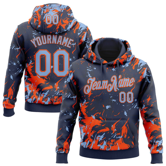 Custom Stitched Navy Light Blue-Orange Splash Sports Pullover Sweatshirt Hoodie - Main View