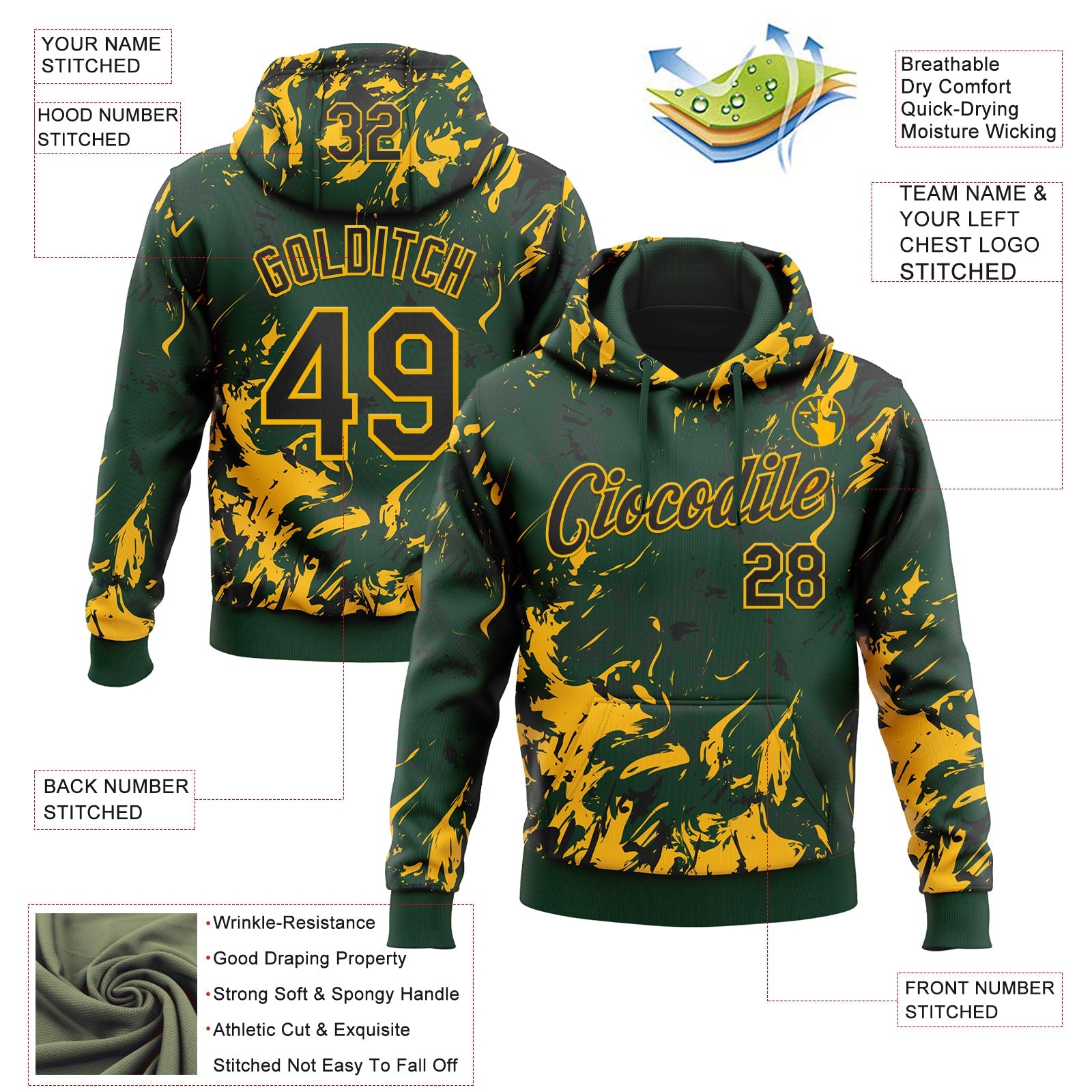 Custom Stitched Green Black-Gold Splash Sports Pullover Sweatshirt Hoodie view 4