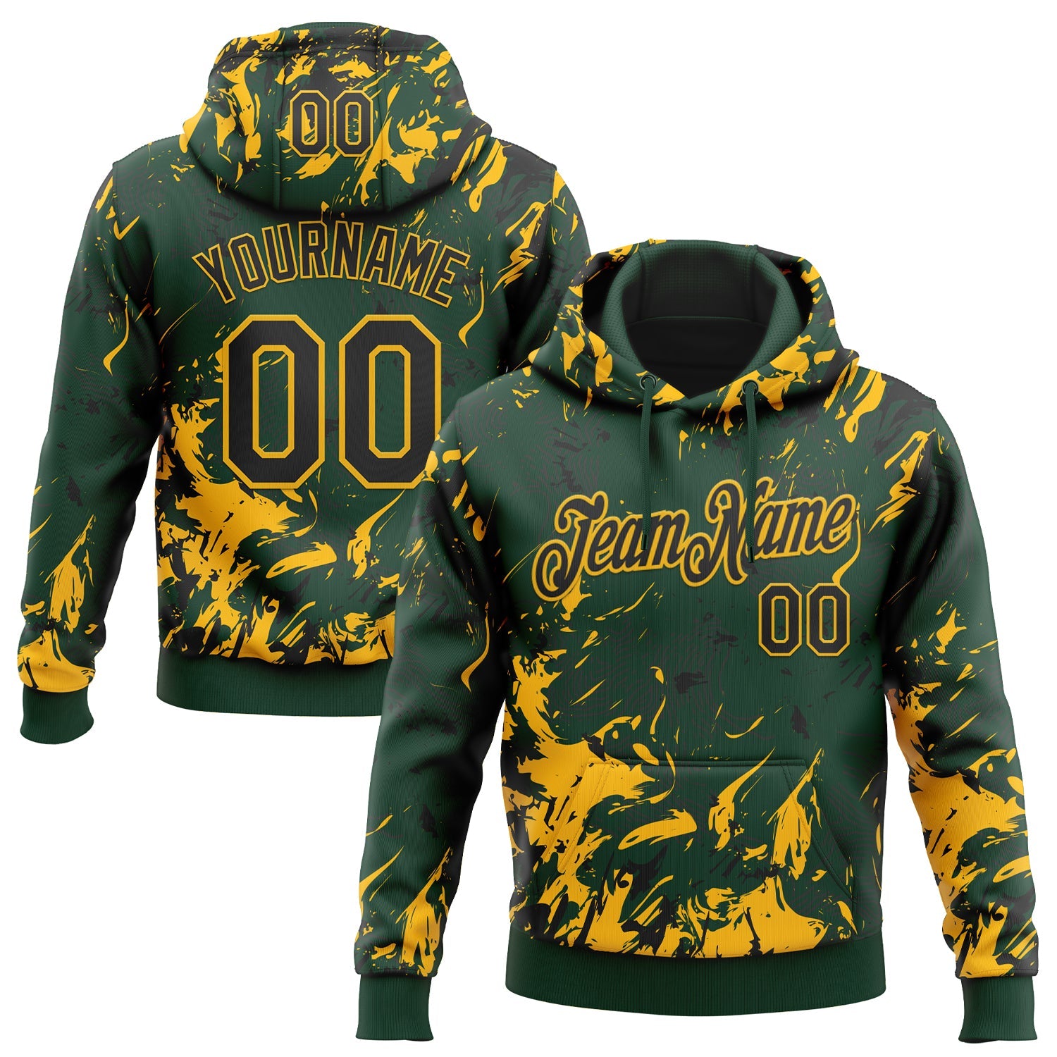 Custom Stitched Green Black-Gold Splash Sports Pullover Sweatshirt Hoodie - Main View