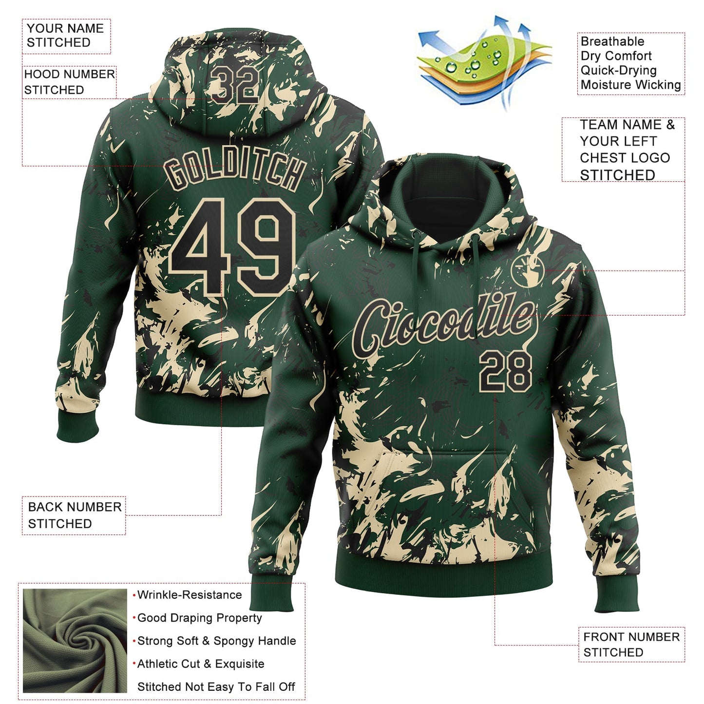 Custom Stitched Green Black-Cream Splash Sports Pullover Sweatshirt Hoodie view 4