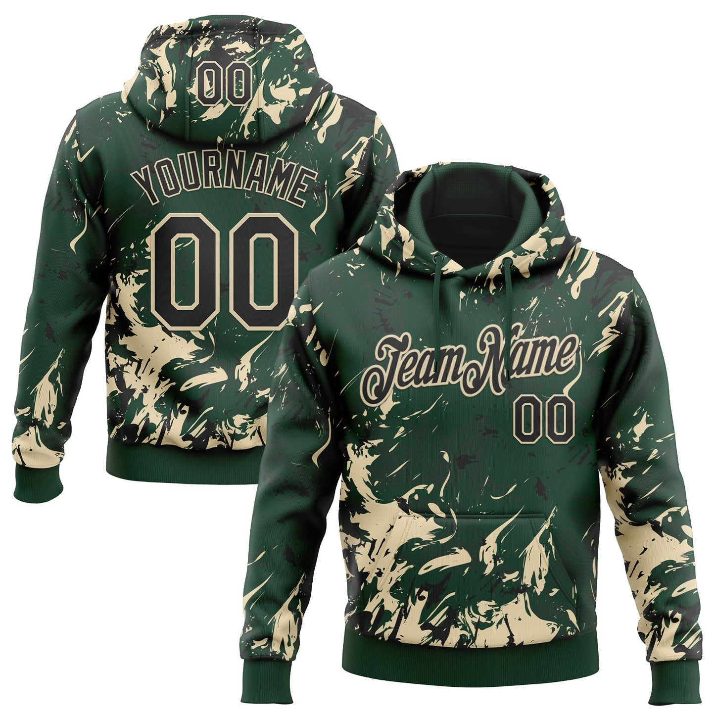Custom Stitched Green Black-Cream Splash Sports Pullover Sweatshirt Hoodie - Main View