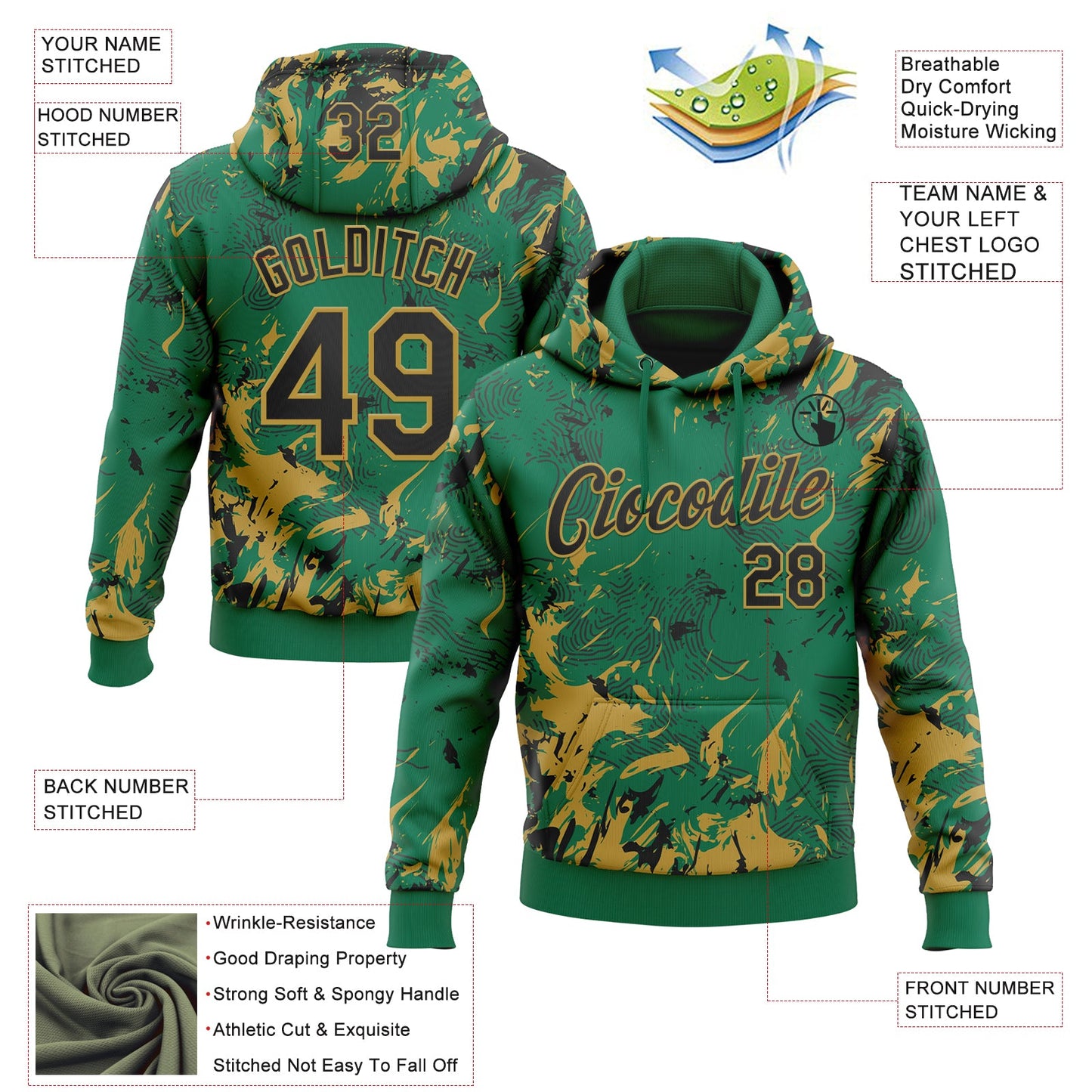 Custom Stitched Kelly Green Black-Old Gold Splash Sports Pullover Sweatshirt Hoodie view 4