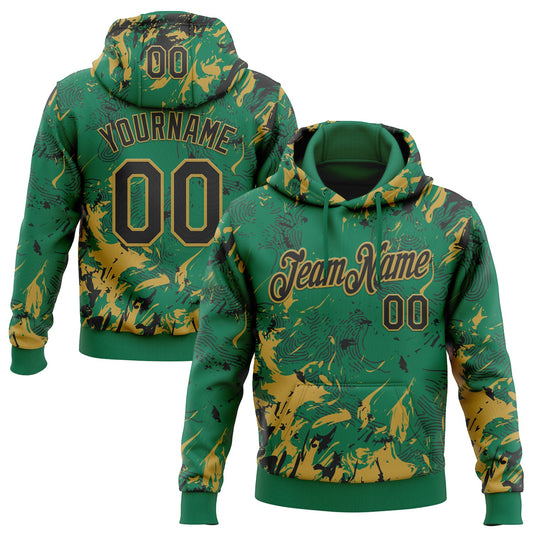 Custom Stitched Kelly Green Black-Old Gold Splash Sports Pullover Sweatshirt Hoodie - Main View