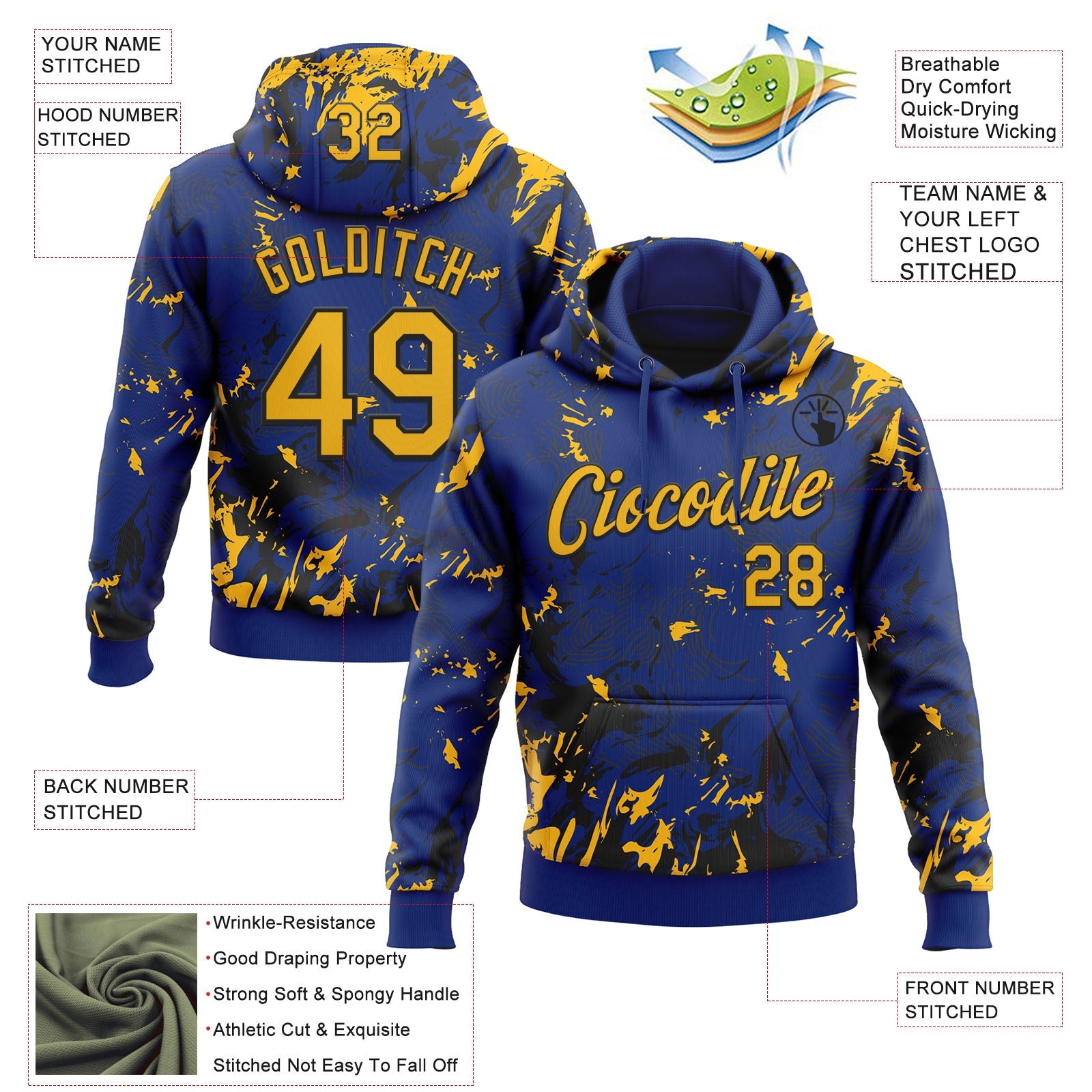 Custom Stitched Royal Gold-Black Splash Sports Pullover Sweatshirt Hoodie view 4