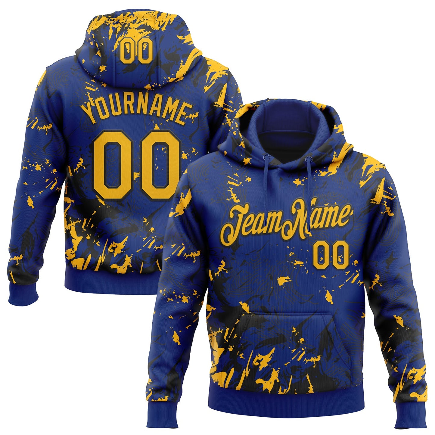 Custom Stitched Royal Gold-Black Splash Sports Pullover Sweatshirt Hoodie - Main View