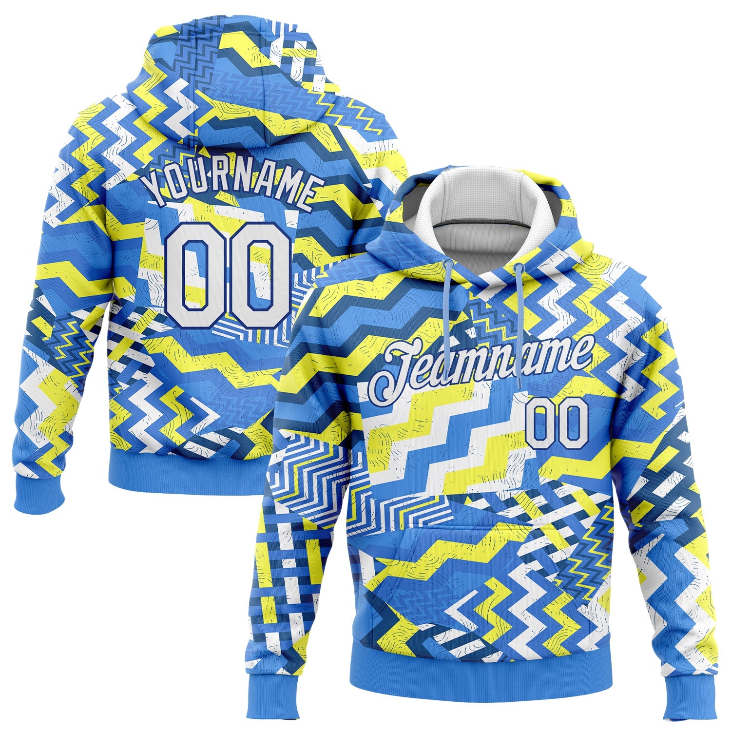 Custom Stitched Light Blue White Gold-Royal 3D Pattern Design Sports Pullover Sweatshirt Hoodie - Main View