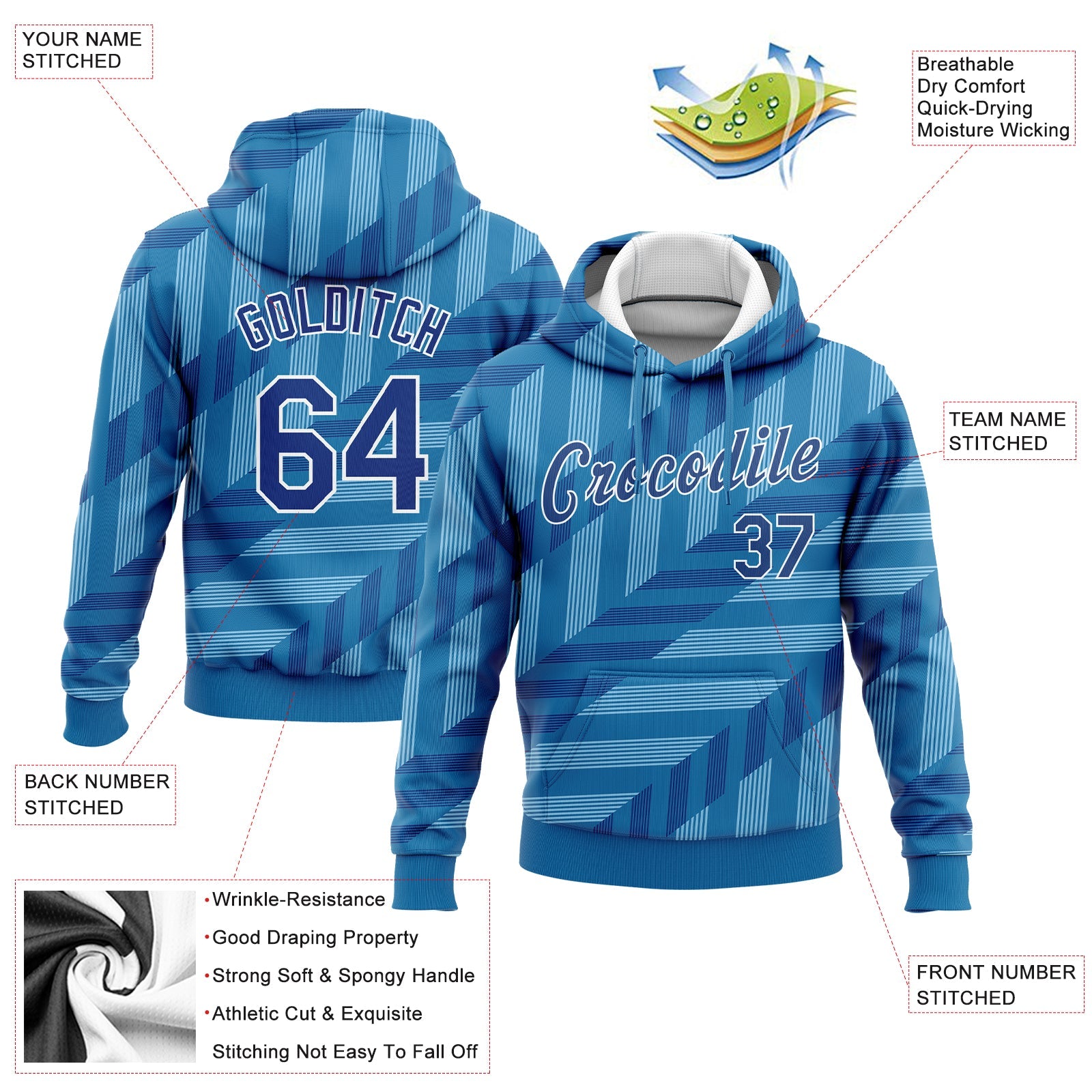 Custom Stitched Powder Blue Royal-White 3D Pattern Design Sports Pullover Sweatshirt Hoodie view 2