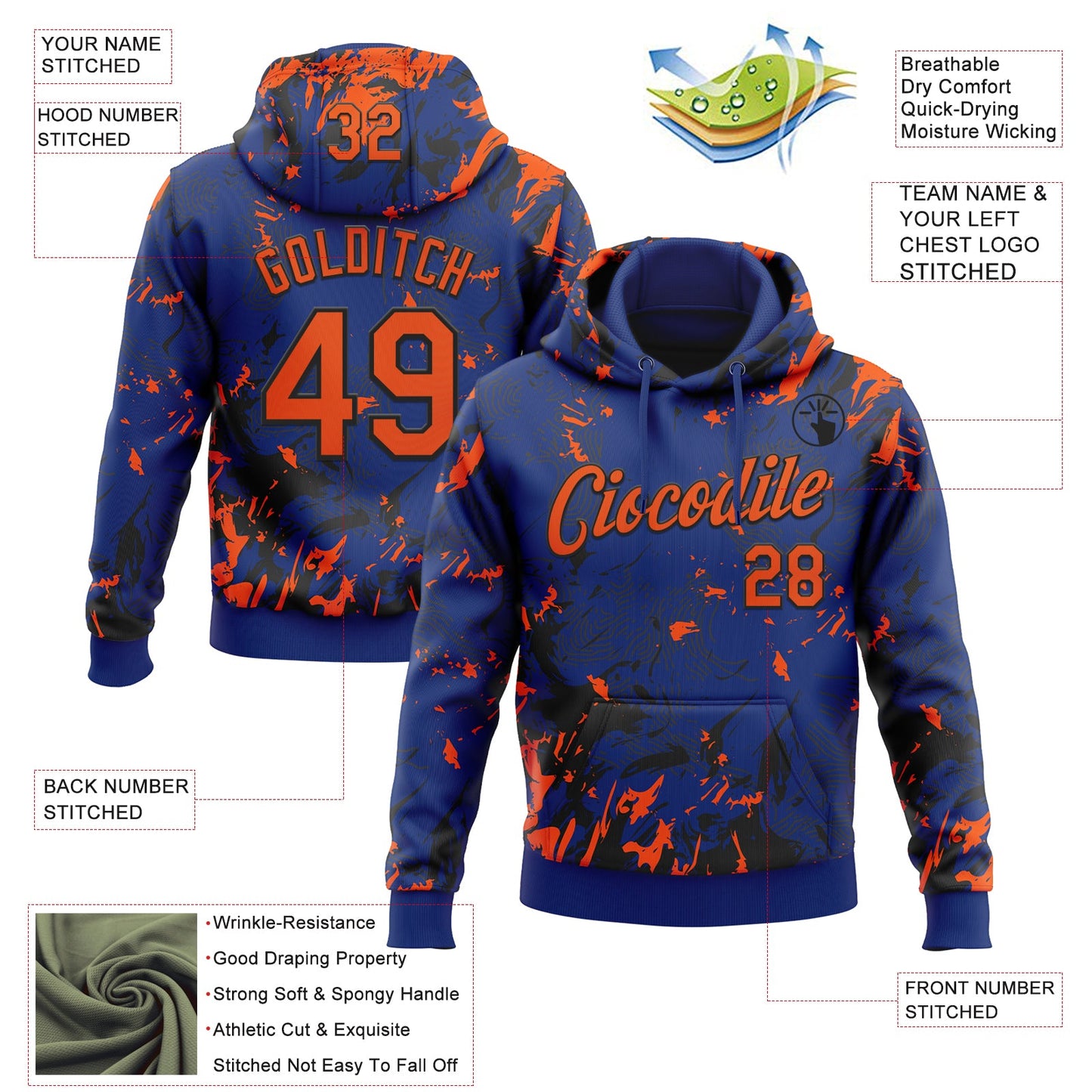 Custom Stitched Royal Orange-Black Splash Sports Pullover Sweatshirt Hoodie view 4