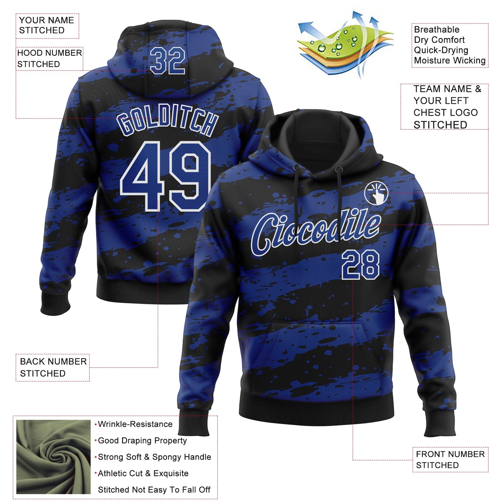 Custom Stitched Black Royal-White Splash Torn Paper Style Sports Pullover Sweatshirt Hoodie view 4