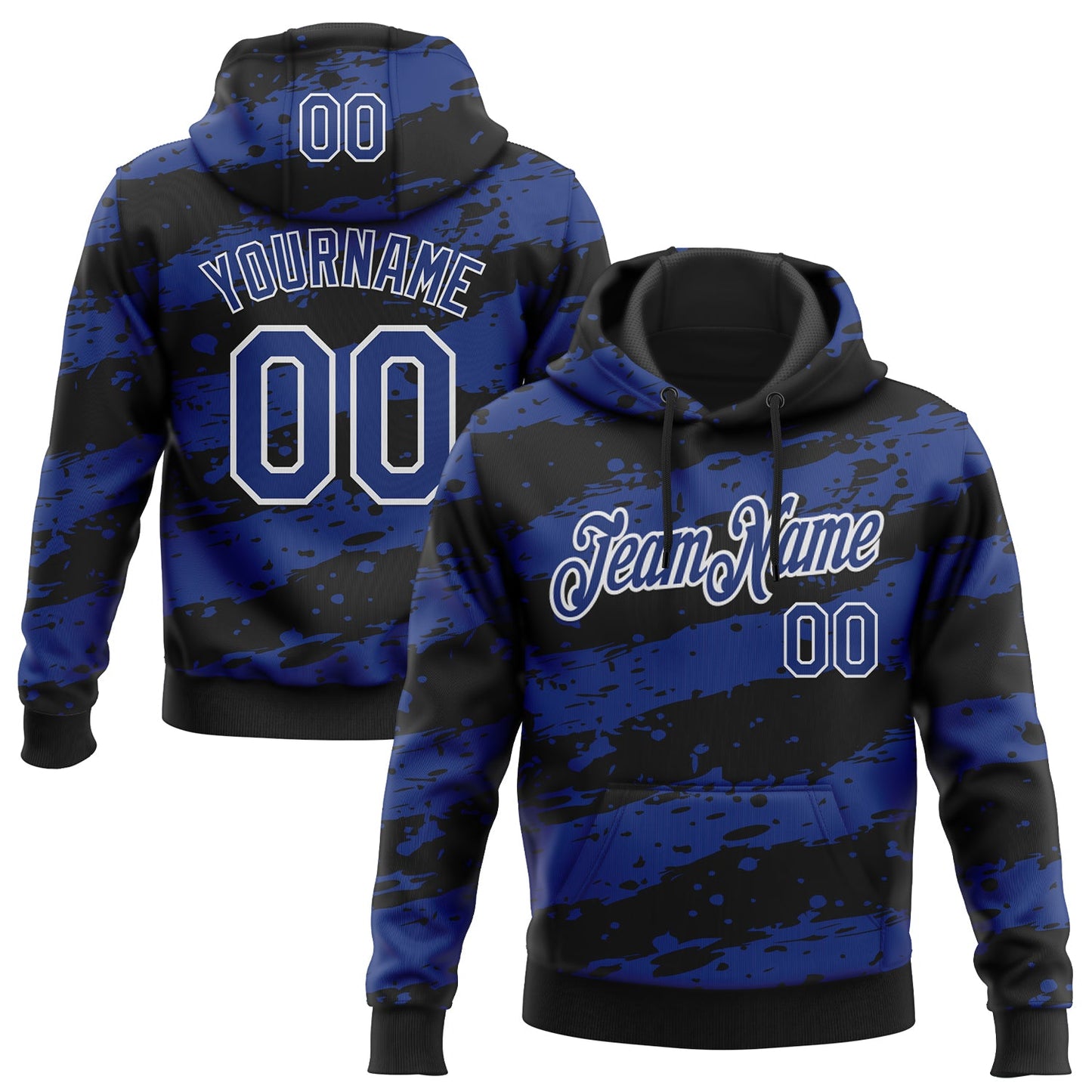 Custom Stitched Black Royal-White Splash Torn Paper Style Sports Pullover Sweatshirt Hoodie - Main View