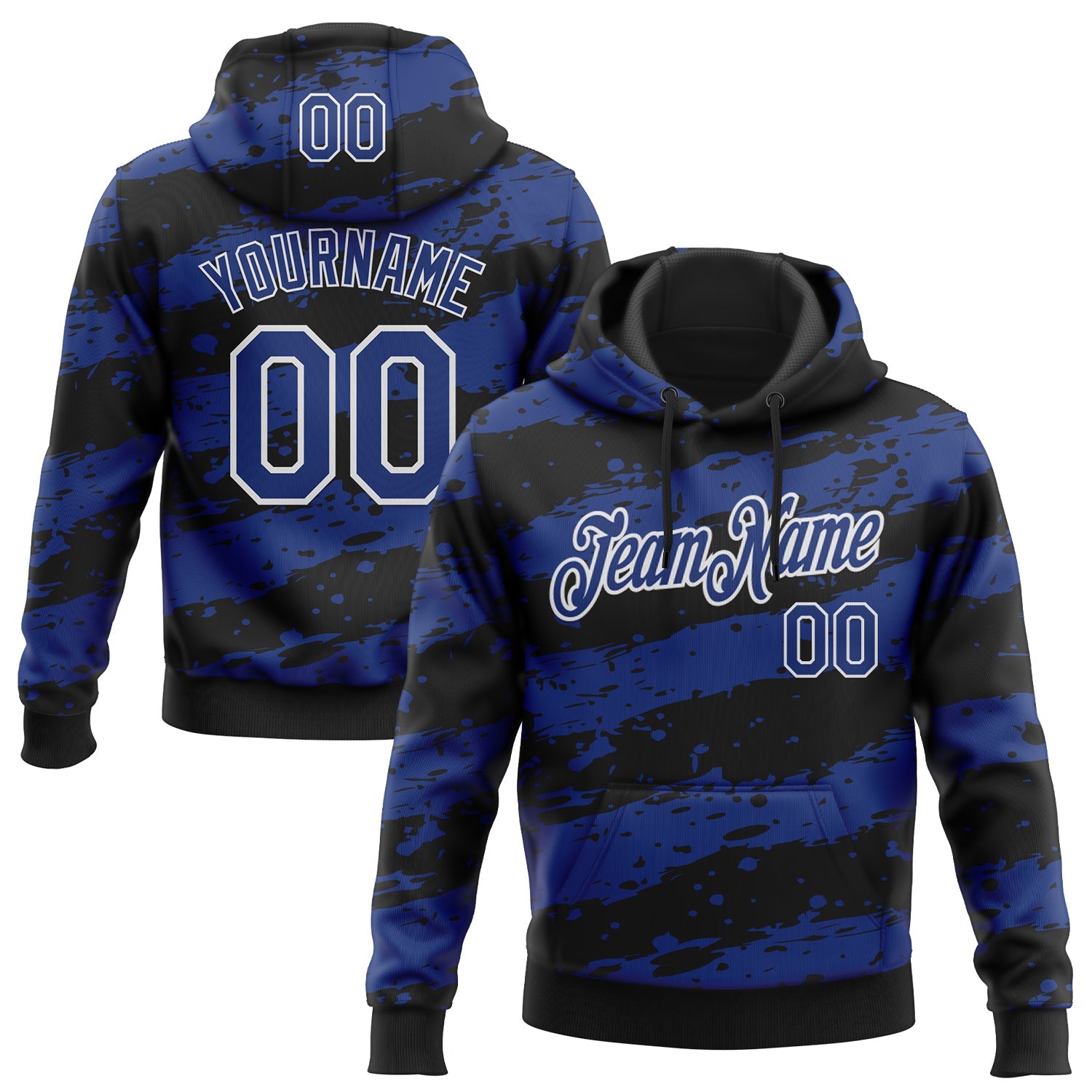 Custom Stitched Black Royal-White Splash Torn Paper Style Sports Pullover Sweatshirt Hoodie - Main View