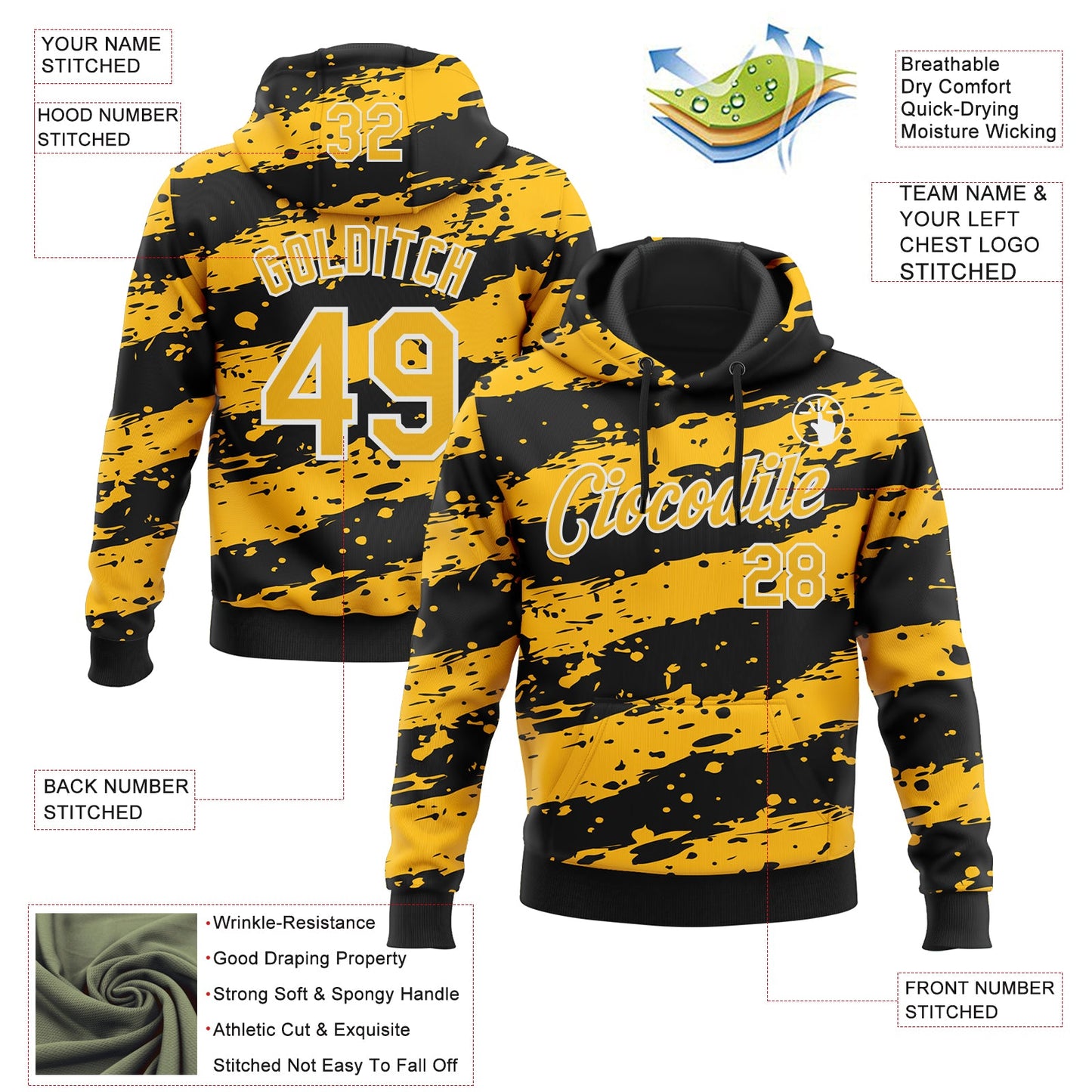 Custom Stitched Black Gold-White Splash Torn Paper Style Sports Pullover Sweatshirt Hoodie view 4
