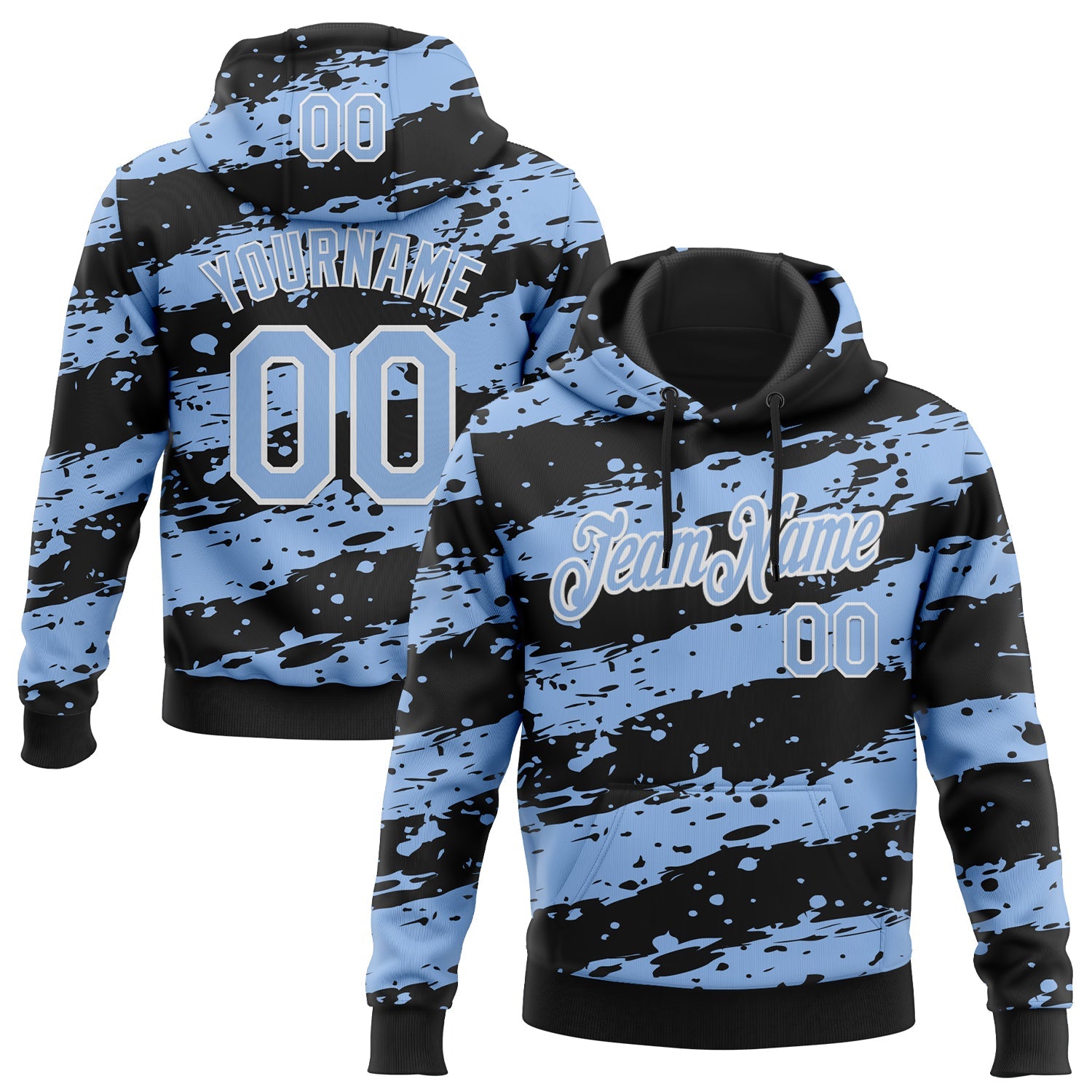 Custom Stitched Black Light Blue-White Splash Torn Paper Style Sports Pullover Sweatshirt Hoodie - Main View