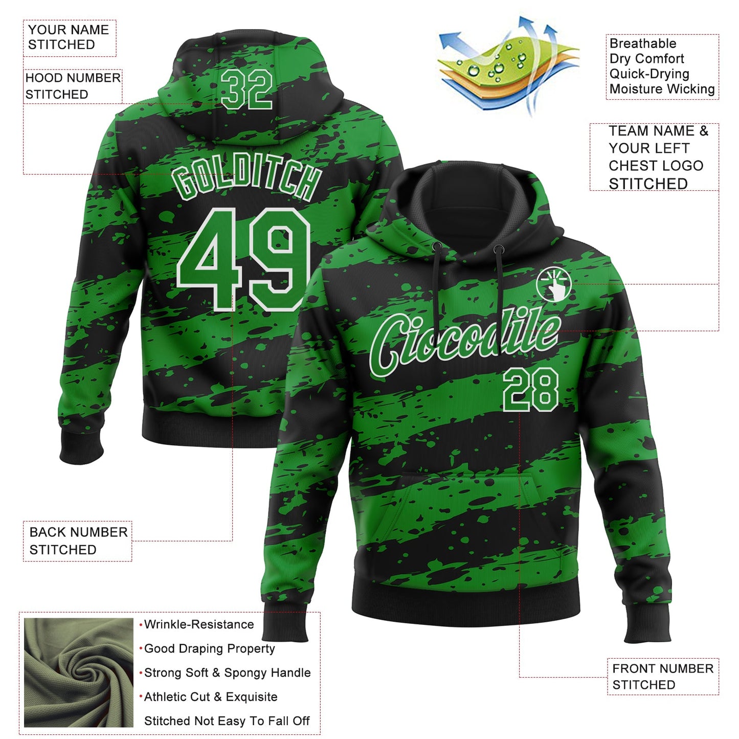 Custom Stitched Black Grass Green-White Splash Torn Paper Style Sports Pullover Sweatshirt Hoodie view 4