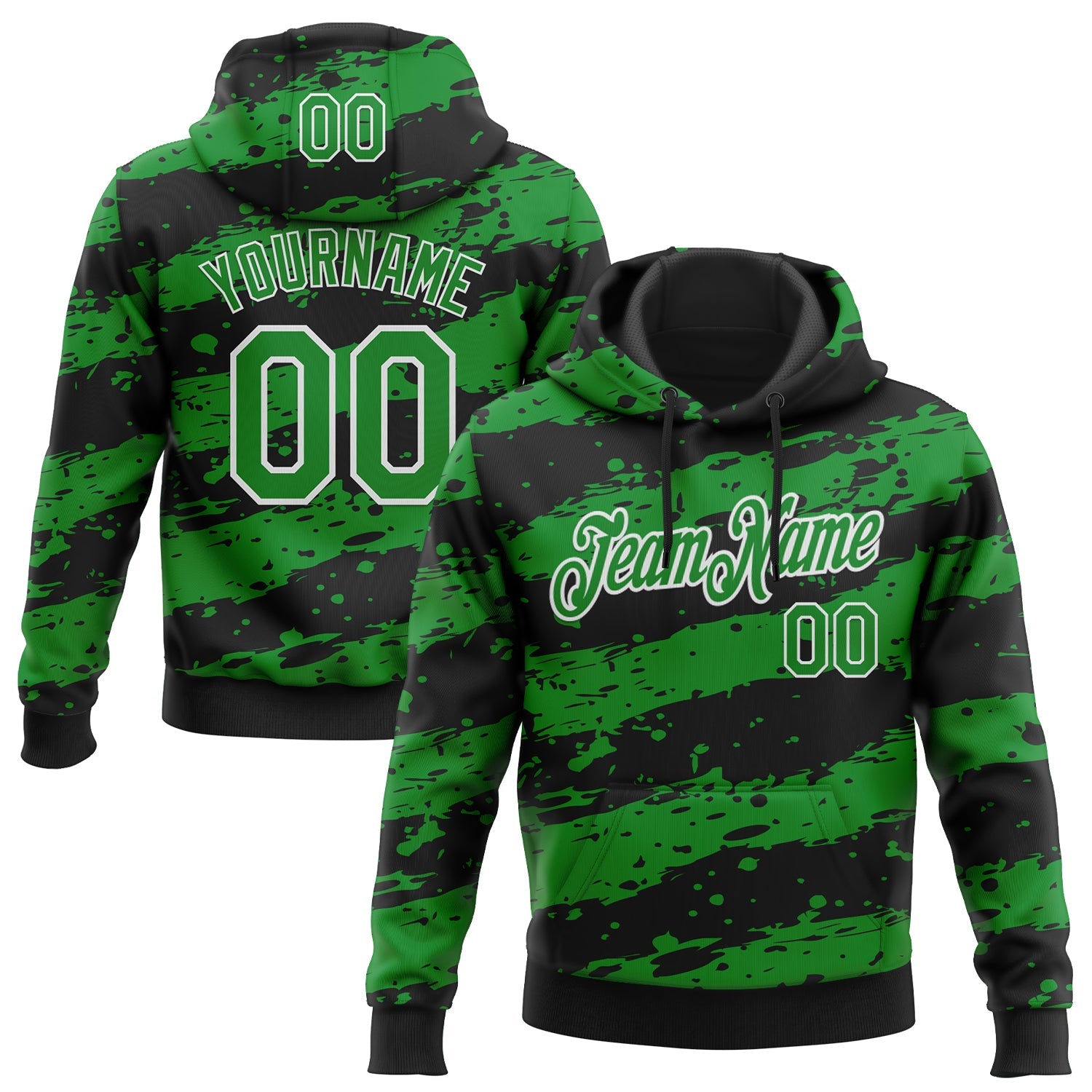 Custom Stitched Black Grass Green-White Splash Torn Paper Style Sports Pullover Sweatshirt Hoodie - Main View