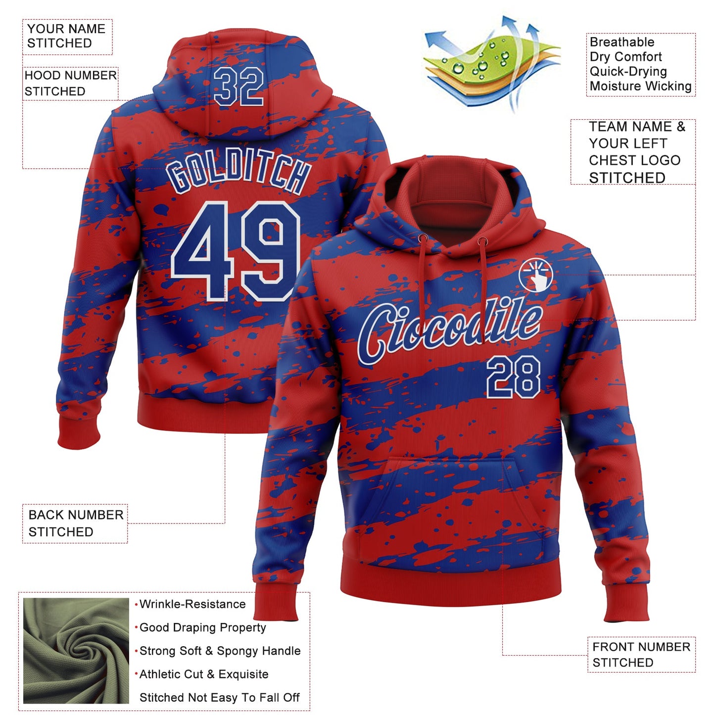Custom Stitched Red Royal-White Splash Torn Paper Style Sports Pullover Sweatshirt Hoodie view 4